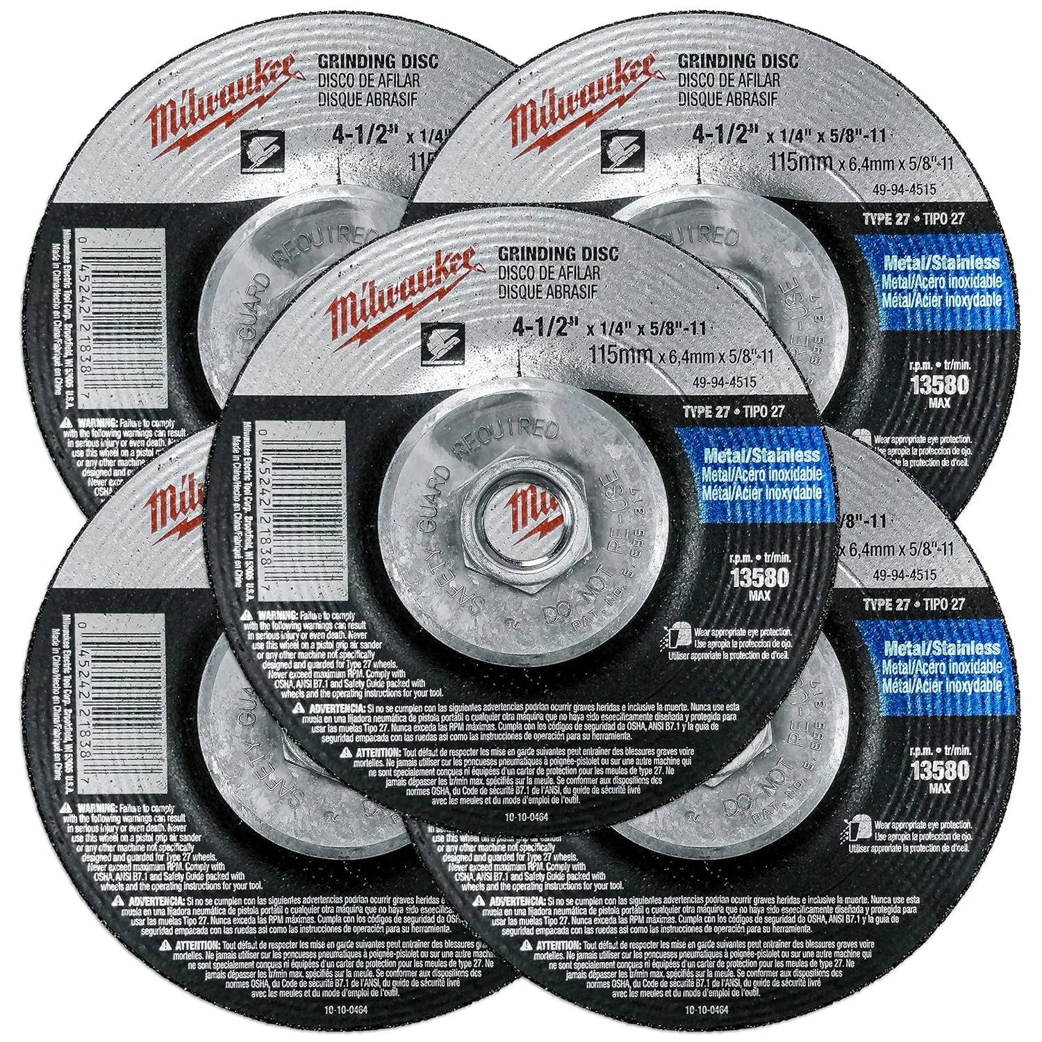 مجموعه 5 عددی سنگ ساب کاسه ای میلواکی - سایز 4 1/2 اینچ مناسب سنگ فرز - ساب زنی قوی برای فلزات و استیل - 4-1/2" x 1/4 x 5/8 اینچ | 11 UNC | فرورفته