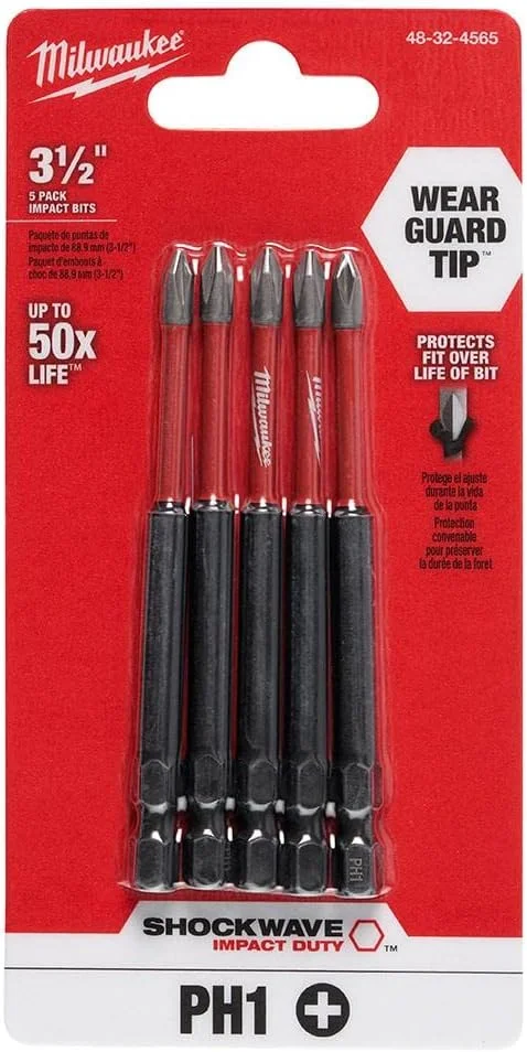 بسته 5 عددی نوک پیچ گوشتی فیلیپس شماره 1 میلواکی SHOCKWAVE، طول 3.5 اینچ