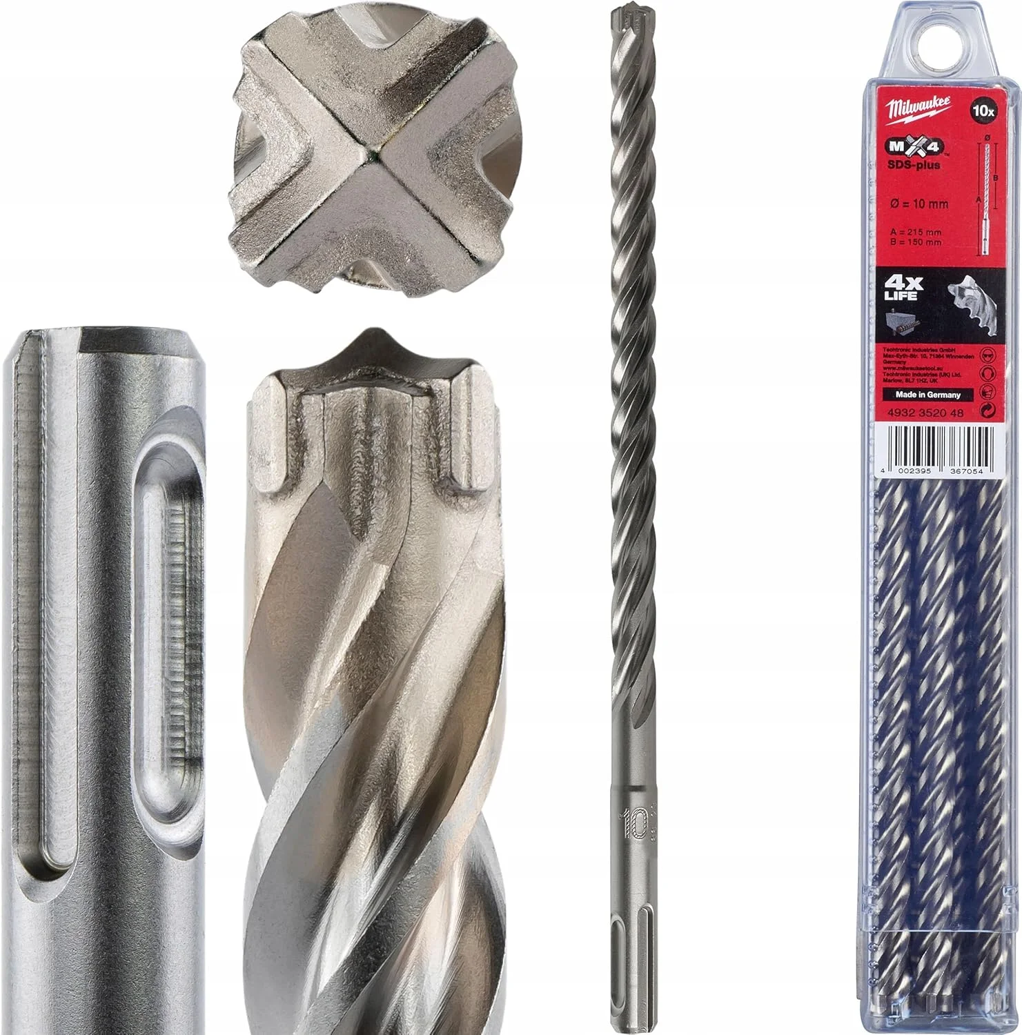 مجموعه 10 عددی مته چکش تخریب Milwaukee MX4 SDS Plus سایز 10 x 210 میلی متر، 4 شیار SDS Plus