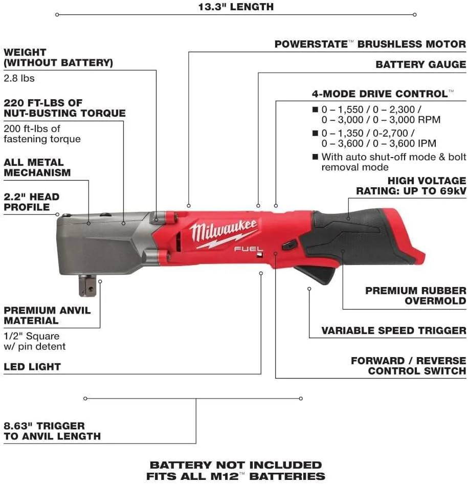 آچار بکس ضربه ای زاویه ای 1/2 اینچ Milwaukee 2565P-20 M12 FUEL - بدون باتری، بدون شارژر، فقط ابزار