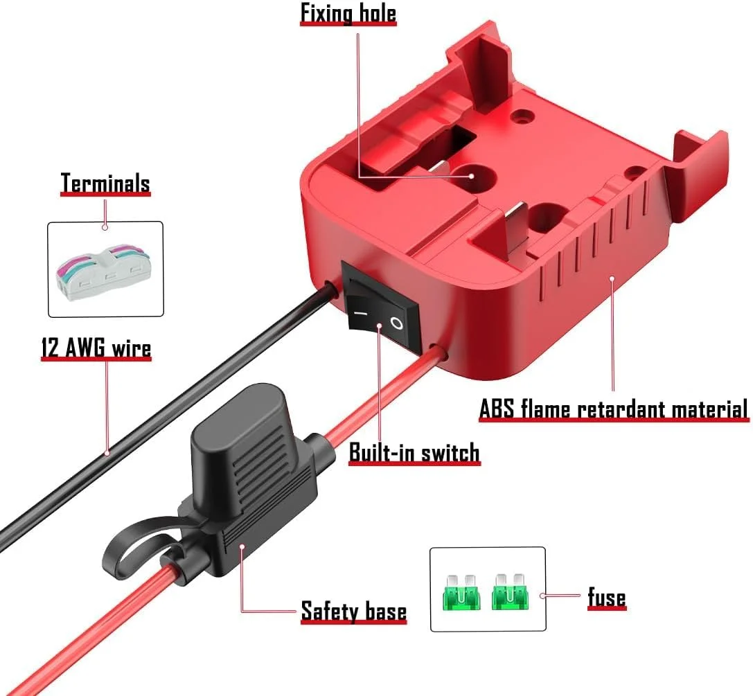 آداپتور باتری WANGCL، آداپتور چرخ های برقی برای باتری 18 ولت Milwaukee، اتصال دهنده برق داک با نگهدارنده فیوز سوئیچ برای اسباب بازی های ماشین RC رباتیک