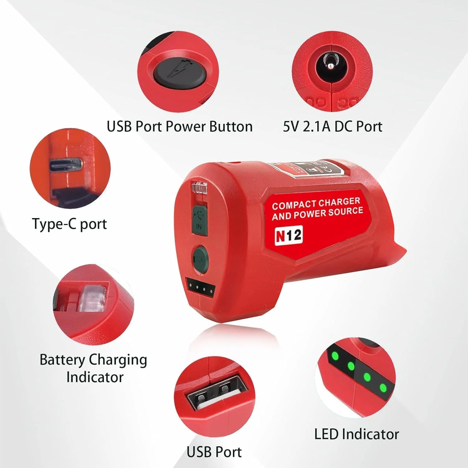 آداپتور شارژر باتری برای باتری 12 ولت Milwaukee M-12، منبع تغذیه قابل حمل برای شارژر باتری Milwaukee M12، آداپتور باتری 12 ولت برای ژاکت گرم شونده Milwaukee مدل 48-59-1201 49-24-2310 با شارژر USB