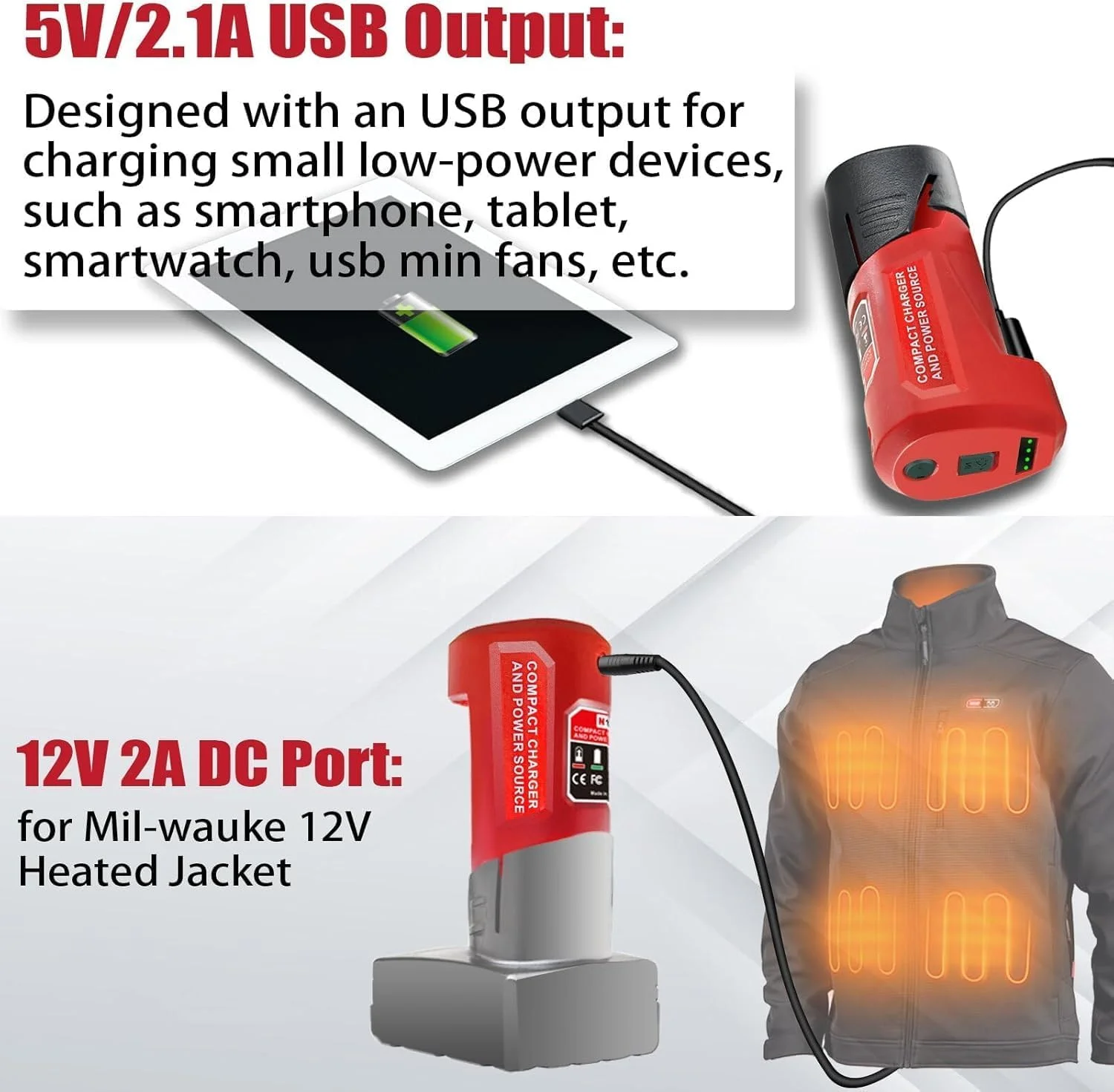 آداپتور شارژر باتری برای باتری 12 ولت Milwaukee M-12، منبع تغذیه قابل حمل برای شارژر باتری Milwaukee M12، آداپتور باتری 12 ولت برای ژاکت گرم شونده Milwaukee مدل 48-59-1201 49-24-2310 با شارژر USB