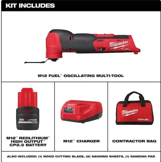 کیت ابزار چندکاره نوسانی شارژی 12 ولت لیتیوم-یون Milwaukee M12 FUEL به همراه باتری 2.5 آمپر ساعت High Output، شارژر، لوازم جانبی و کیف