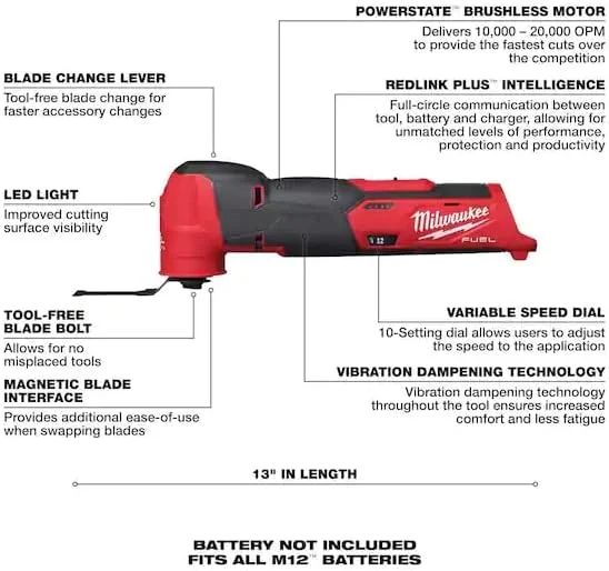 کیت ابزار چندکاره نوسانی شارژی 12 ولت لیتیوم-یون Milwaukee M12 FUEL به همراه باتری 2.5 آمپر ساعت High Output، شارژر، لوازم جانبی و کیف