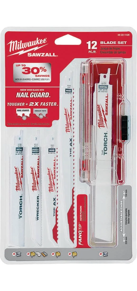 مجموعه 12 عددی تیغه اره رفت و برگشتی Milwaukee 49-22-1129 Sawzall، سفید