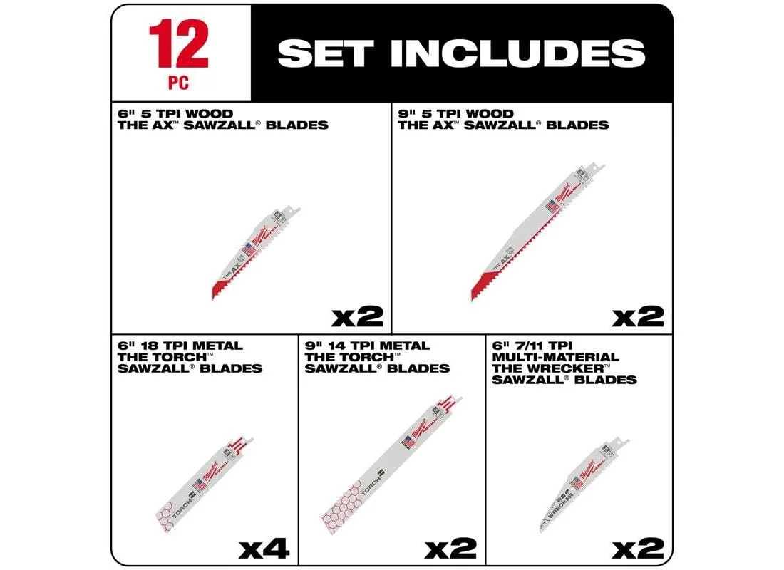 مجموعه 12 عددی تیغه اره رفت و برگشتی Milwaukee 49-22-1129 Sawzall، سفید