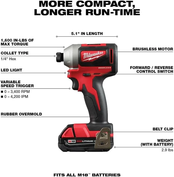 کیت ترکیبی دو ابزاره M18 میلواکی مدل 2892-22CT، دریل پیچ گوشتی/ایمپکت درایور براشلس کامپکت