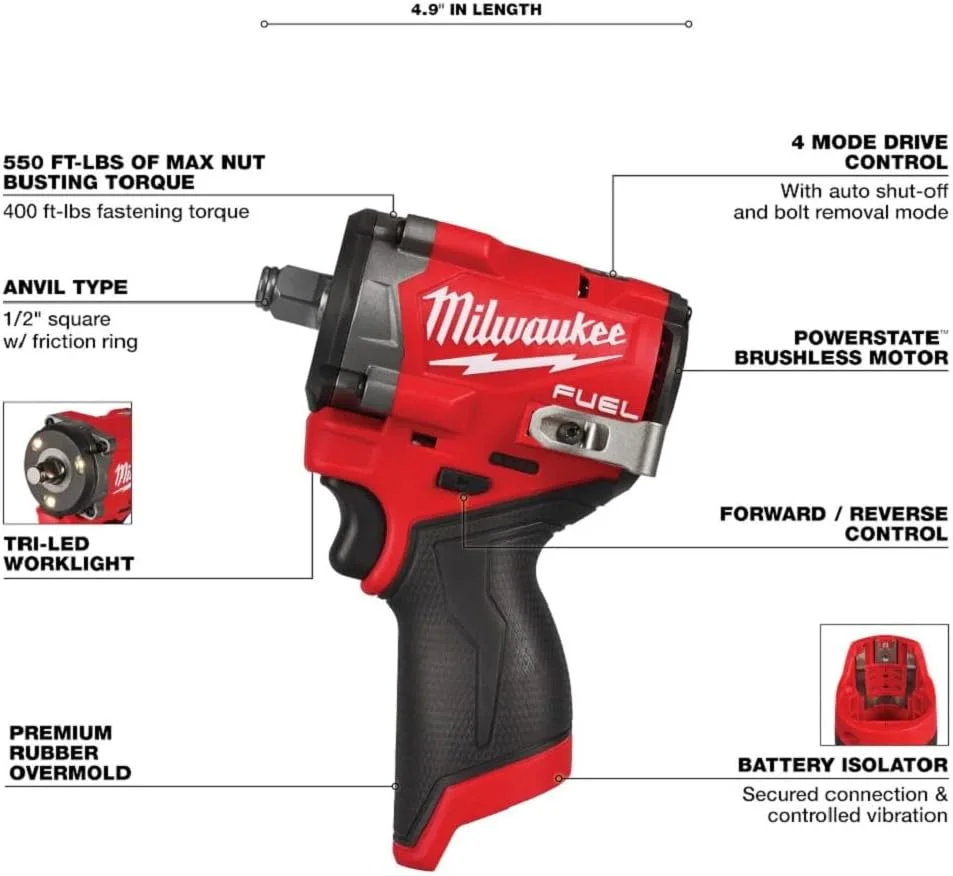 آچار بکس ضربه ای Milwaukee M12 FUEL Stubby با درایو 1/2 اینچ (فقط ابزار)