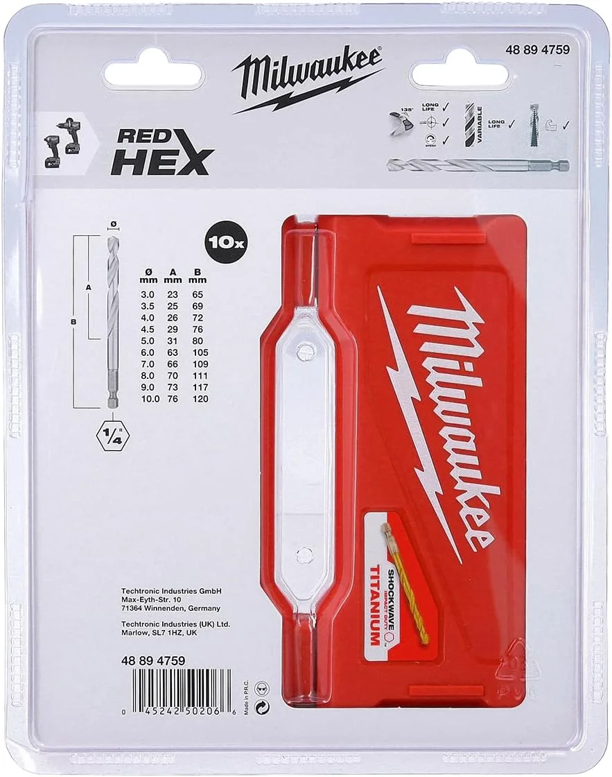 مجموعه 10 عددی مته های تیتانیومی HSS-G میلواکی مدل 48894759 با دنباله شش گوش