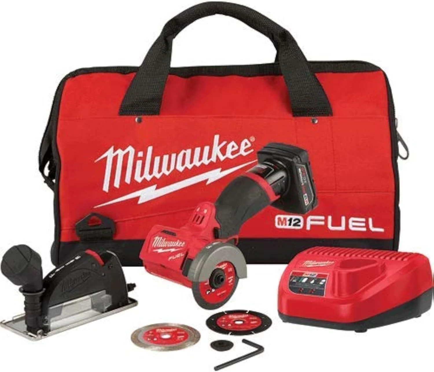 کیت ابزار برش جمع و جور 3 اینچی Milwaukee M12 FUEL - 24 ولت، 4 آمپر ساعت، 4 آمپر، 1.5E+3 دور در دقیقه، حداکثر اندازه سه نظام 3 اینچ، مشکی/قرمز