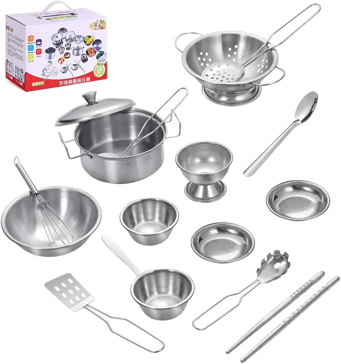 اسباب بازی آشپزخانه Womdee، مجموعه 16 تکه ظروف آشپزی، اسباب بازی های آشپزی استیل ضد زنگ، اسباب بازی های آشپزخانه بازی وانمودی، مدل مینی قابلمه و تابه کودک
