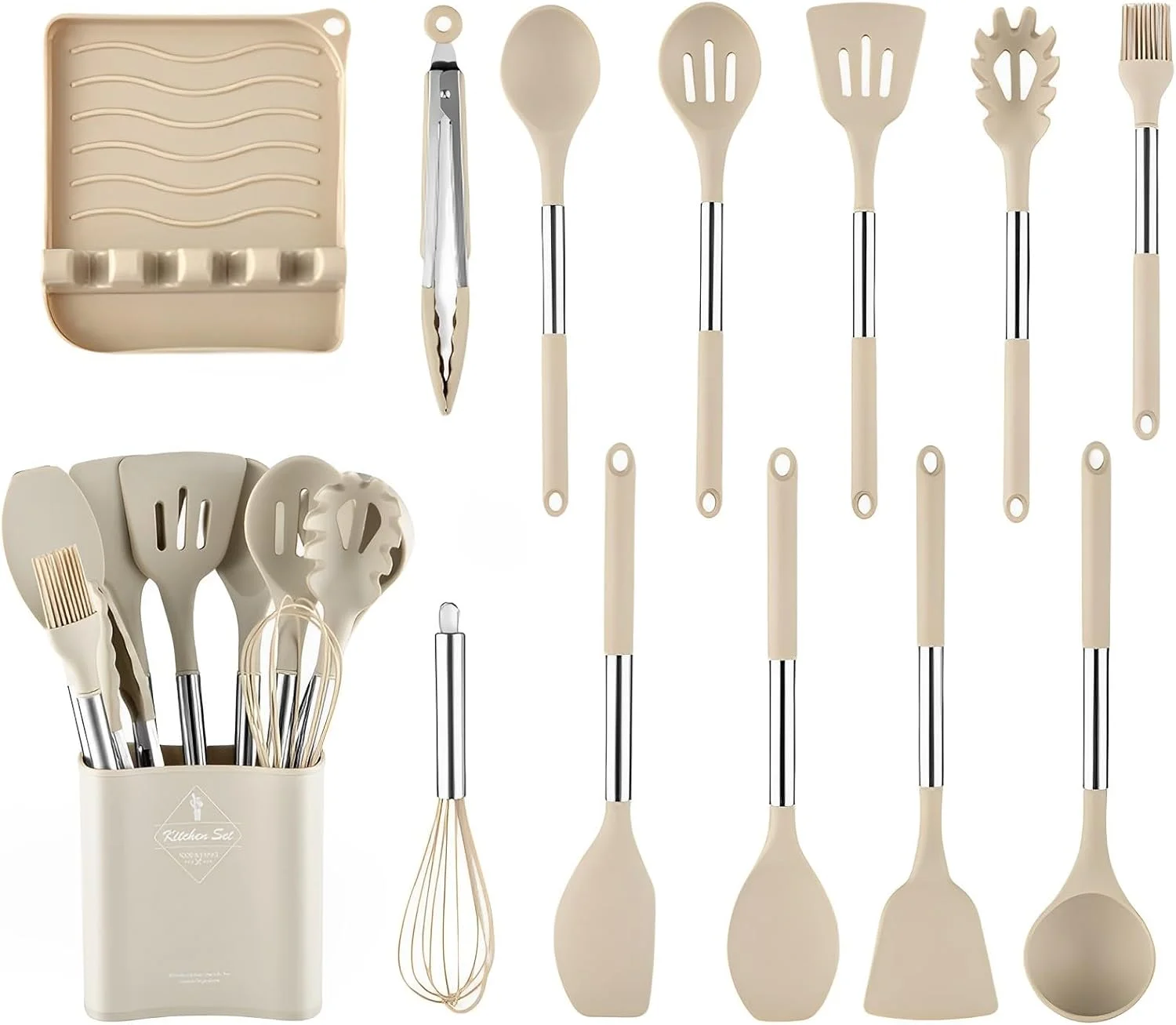 ست لوازم آشپزی سیلیکونی VAODO، مجموعه 13 تکه ابزار آشپزی، دسته استیل ضد زنگ، ظروف نچسب مقاوم در برابر حرارت، با سطل نگهداری و نگهدارنده درب، بژ