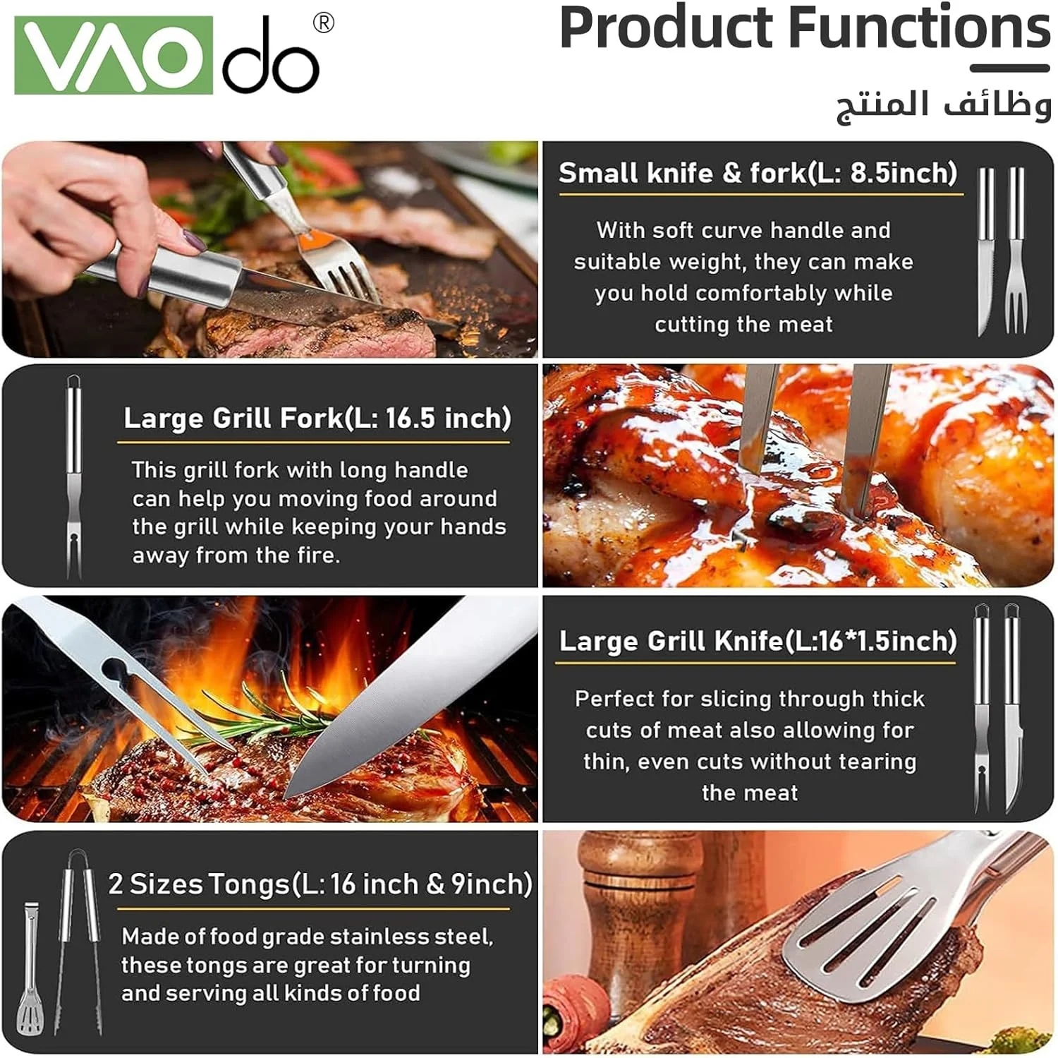 مجموعه لوازم جانبی گریل باربیکیو VAODO شامل 34 قطعه، ابزار گریل باربیکیو سنگین، ابزار گریل استیل ضد زنگ به همراه دماسنج، مناسب برای باربیکیو، کمپینگ، آشپزخانه، به همراه کیف نگهداری