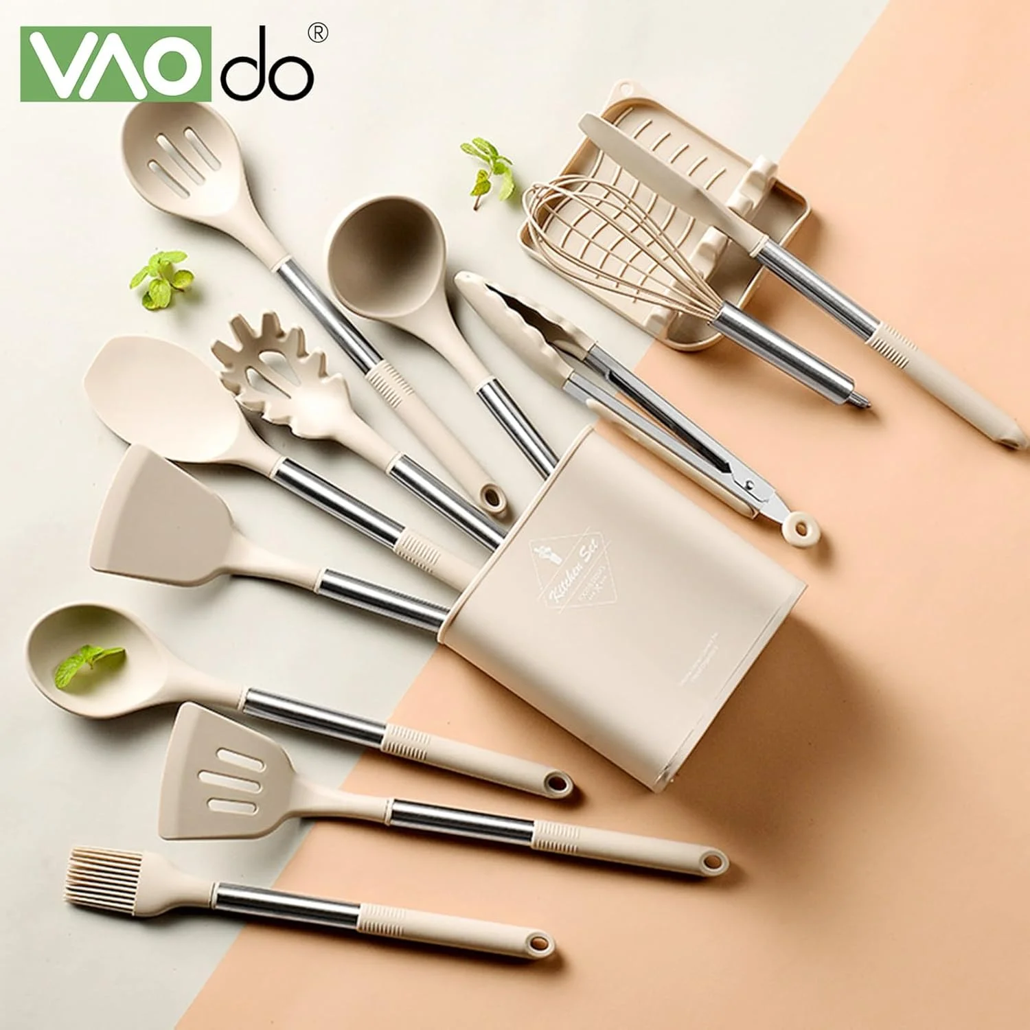 ست لوازم آشپزی سیلیکونی VAODO، مجموعه 13 تکه ابزار آشپزی، دسته استیل ضد زنگ، ظروف نچسب مقاوم در برابر حرارت، با سطل نگهداری و نگهدارنده درب، بژ