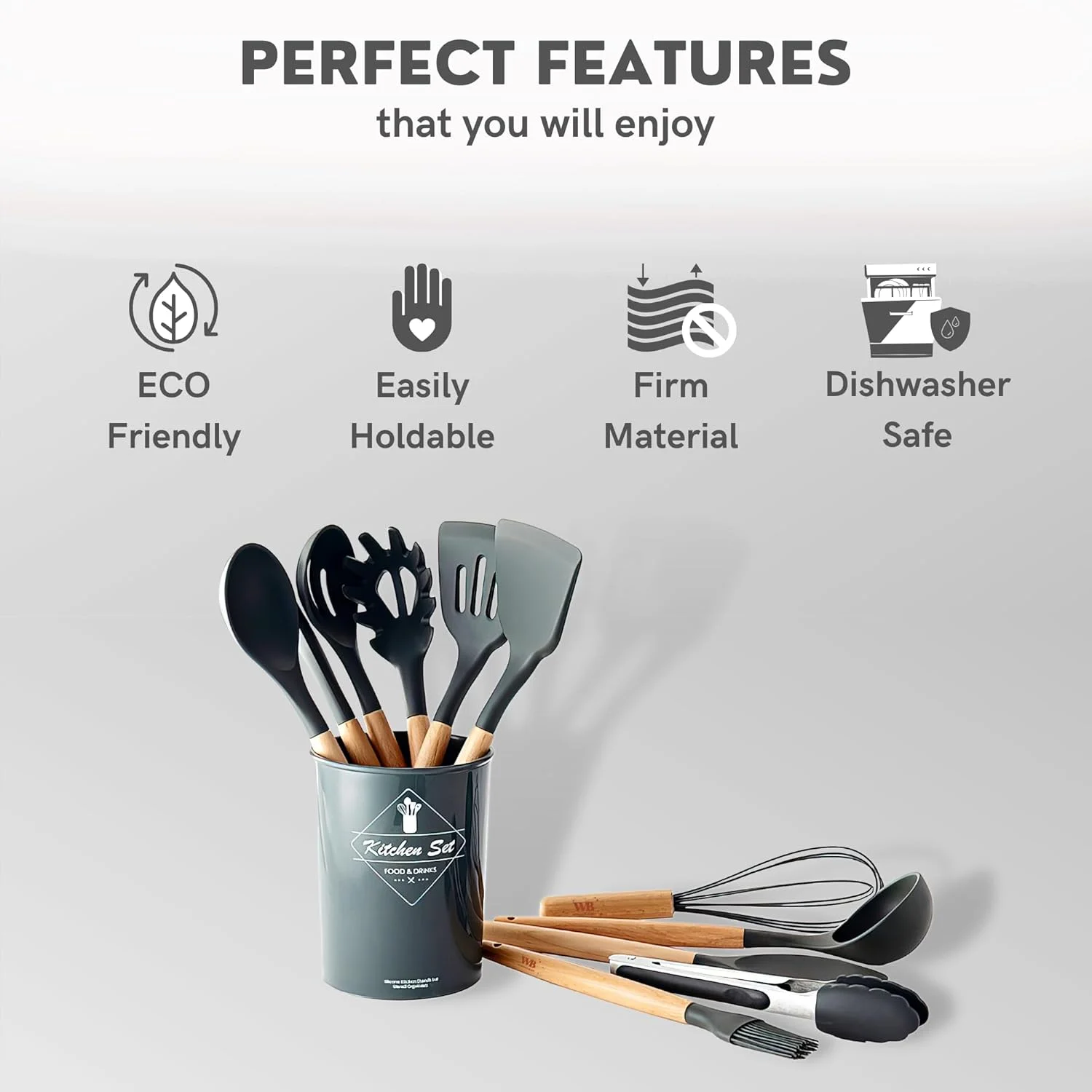 ست 11 تکه لوازم آشپزی سیلیکونی WONDER-BLED، لوازم چوبی مقاوم در برابر حرارت/دسته های ممتاز برای پخت و پز و شیرینی پزی، کیت ظروف آشپزی غیر چسبنده برای هدیه و استفاده روزانه - خاکستری