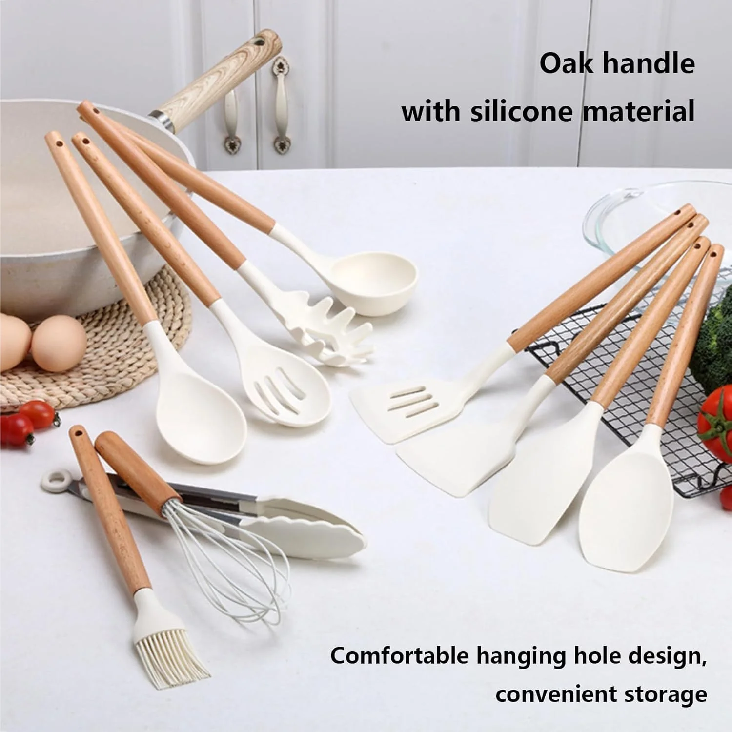 ست لوازم آشپزخانه، ست 34 تکه لوازم آشپزی سیلیکونی، مناسب برای ظروف نچسب، ست کفگیر سیلیکونی مقاوم در برابر حرارت 446 درجه فارنهایت، دسته چوبی - ابزار وسایل آشپزخانه (سفید)