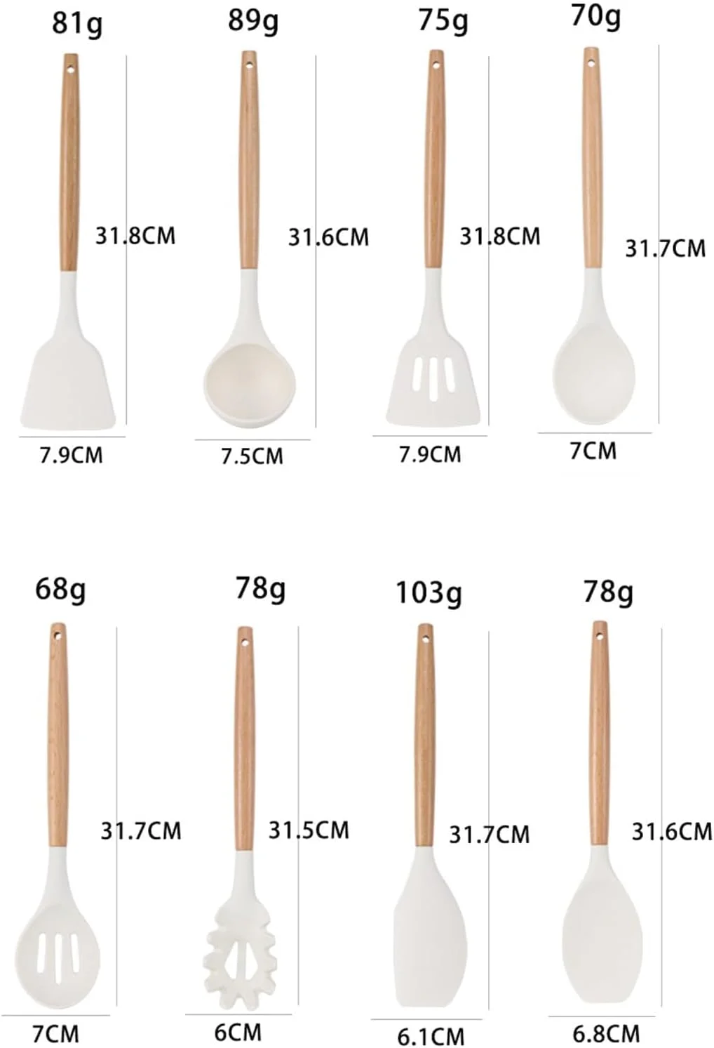 ست لوازم آشپزخانه، ست 34 تکه لوازم آشپزی سیلیکونی، مناسب برای ظروف نچسب، ست کفگیر سیلیکونی مقاوم در برابر حرارت 446 درجه فارنهایت، دسته چوبی - ابزار وسایل آشپزخانه (سفید)