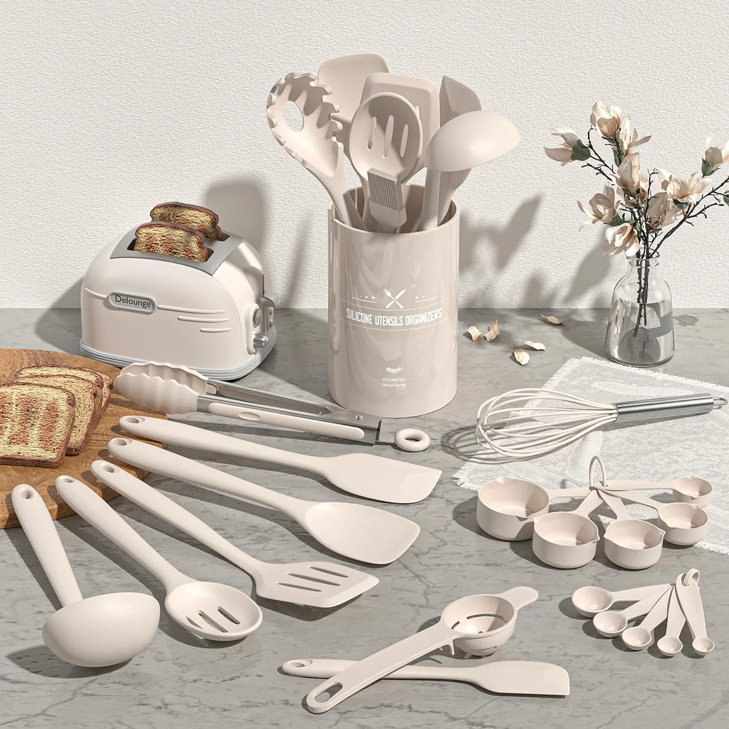 ست 22 تکه لوازم آشپزی سیلیکونی Umite Chef، لوازم آشپزخانه مقاوم در برابر حرارت، کفگیر، قاشق، همزن، قابل شستشو در ماشین ظرفشویی، ابزار آشپزخانه برای ظروف نچسب (خاکی)