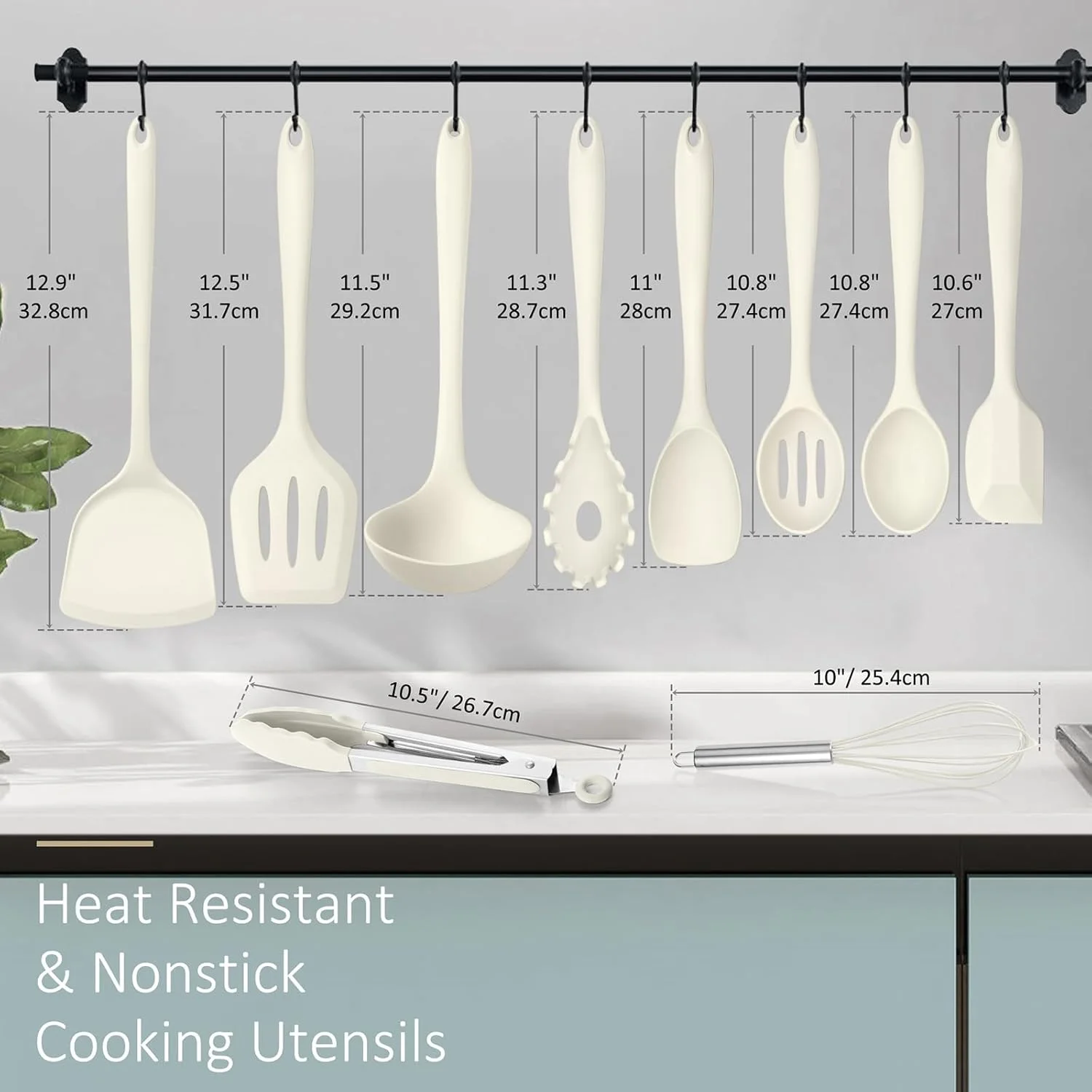 ست 10 تکه لوازم آشپزی برای پخت و پز، ست لوازم آشپزی سیلیکونی Leonyo، ابزار آشپزخانه سیلیکونی مقاوم در برابر حرارت 446 درجه فارنهایت با کفگیر، قاشق سرو، همزن برای ظروف نچسب - سفید