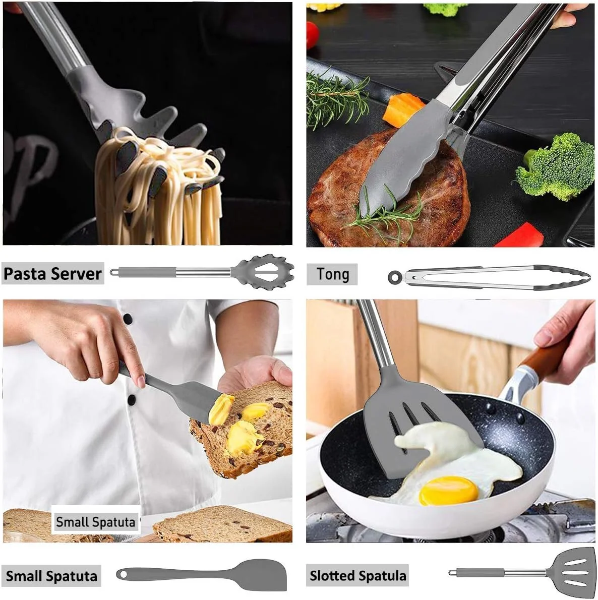 ست لوازم آشپزی Umite Chef، ست 15 تکه ظروف آشپزی سیلیکونی، ابزار آشپزی شامل کفگیر، انبر، لیسک و قاشق برای ظروف نچسب مقاوم در برابر حرارت - (خاکستری)