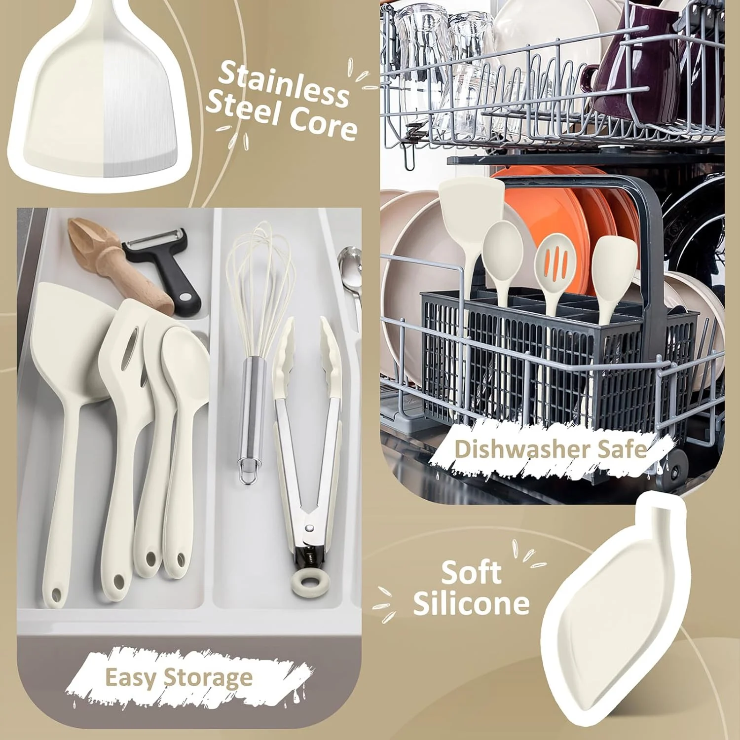 ست 10 تکه لوازم آشپزی برای پخت و پز، ست لوازم آشپزی سیلیکونی Leonyo، ابزار آشپزخانه سیلیکونی مقاوم در برابر حرارت 446 درجه فارنهایت با کفگیر، قاشق سرو، همزن برای ظروف نچسب - سفید