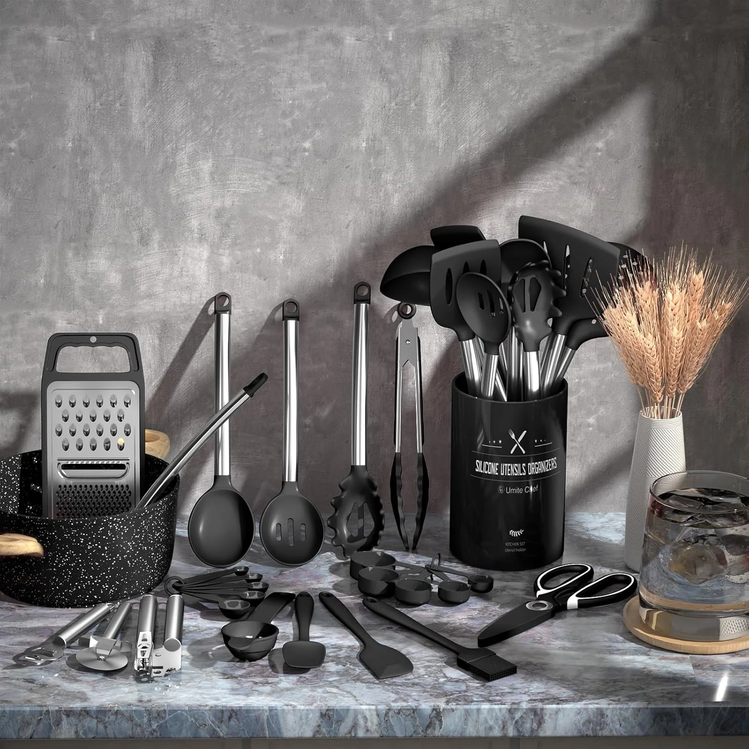 ست لوازم آشپزخانه Umite Chef - ست 34 تکه لوازم آشپزی سیلیکونی برای ظروف نچسب - ست کفگیرهای سیلیکونی، دسته استیل ضد زنگ - ابزار و وسایل آشپزخانه مشکی، لوازم جانبی قابلمه و تابه