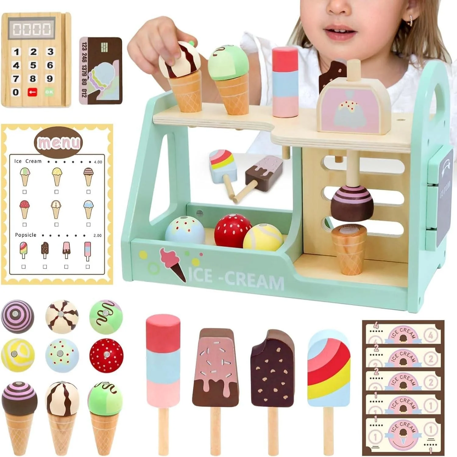 مجموعه اسباب بازی فروشگاه بستنی چوبی TOYBY برای کودکان - لوازم جانبی آشپزخانه بازی خیالی با منو و اسباب بازی های نقش آفرینی صندوقدار، مجموعه بازی بستنی چوبی برای کودکان، هدیه آموزشی برای پسران و دختران 3-8 ساله