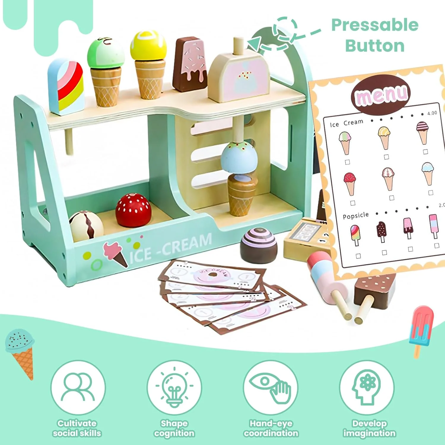 مجموعه اسباب بازی فروشگاه بستنی چوبی TOYBY برای کودکان - لوازم جانبی آشپزخانه بازی خیالی با منو و اسباب بازی های نقش آفرینی صندوقدار، مجموعه بازی بستنی چوبی برای کودکان، هدیه آموزشی برای پسران و دختران 3-8 ساله