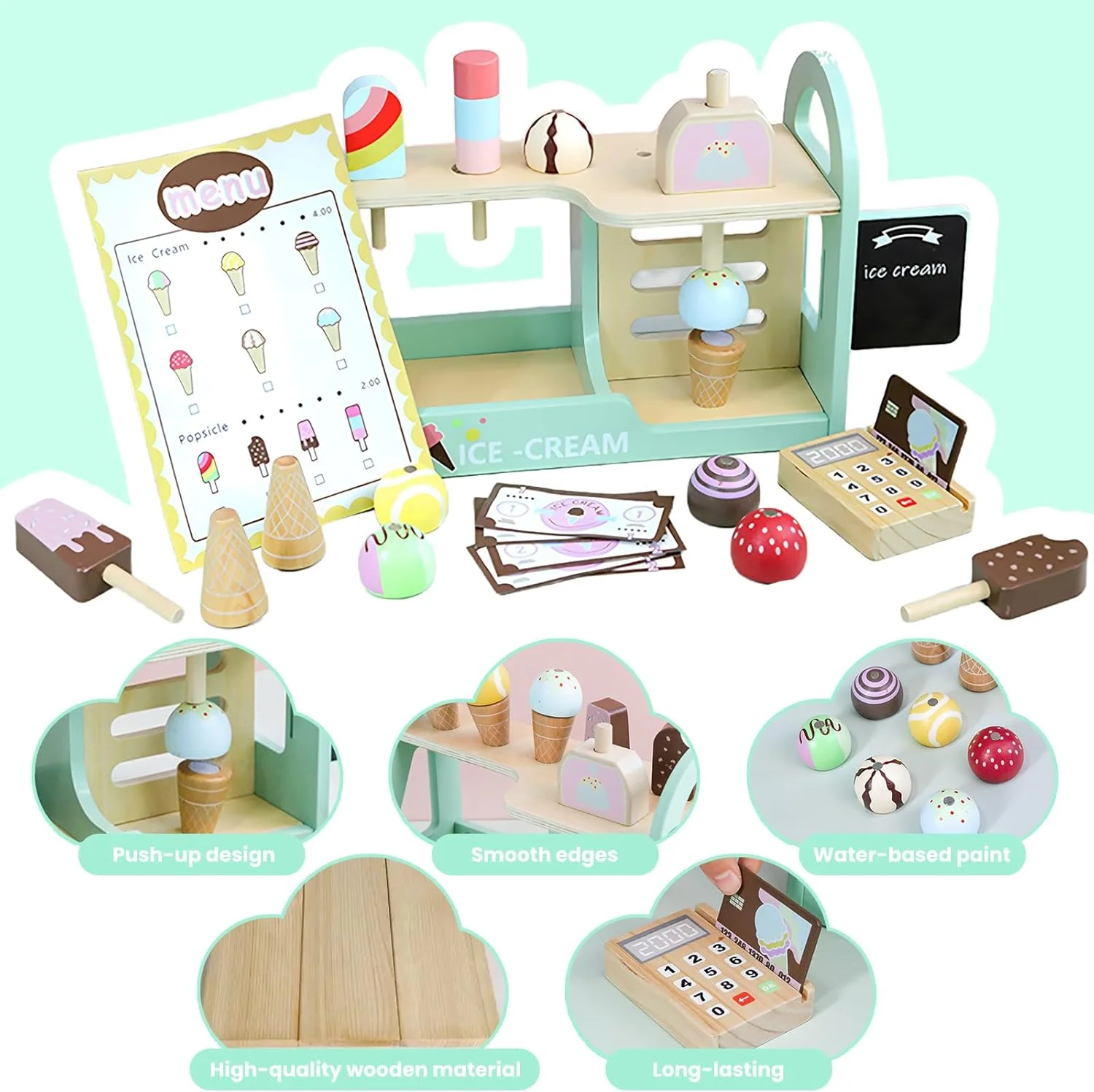 مجموعه اسباب بازی فروشگاه بستنی چوبی TOYBY برای کودکان - لوازم جانبی آشپزخانه بازی خیالی با منو و اسباب بازی های نقش آفرینی صندوقدار، مجموعه بازی بستنی چوبی برای کودکان، هدیه آموزشی برای پسران و دختران 3-8 ساله