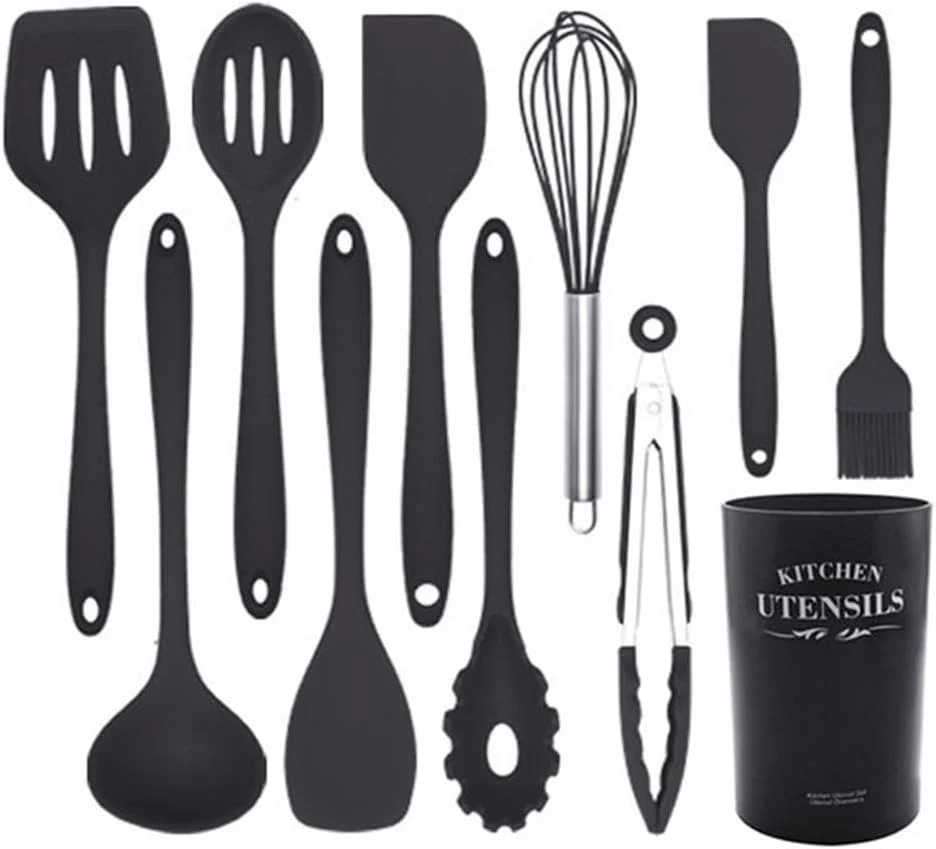 ست 11 تکه لوازم آشپزی سیلیکونی با پایه نگهدارنده، شامل کفگیر، ملاقه، انبر و قاشق، بدون BPA، غیر سمی و مقاوم در برابر حرارت، مناسب برای ظروف نچسب (مشکی)