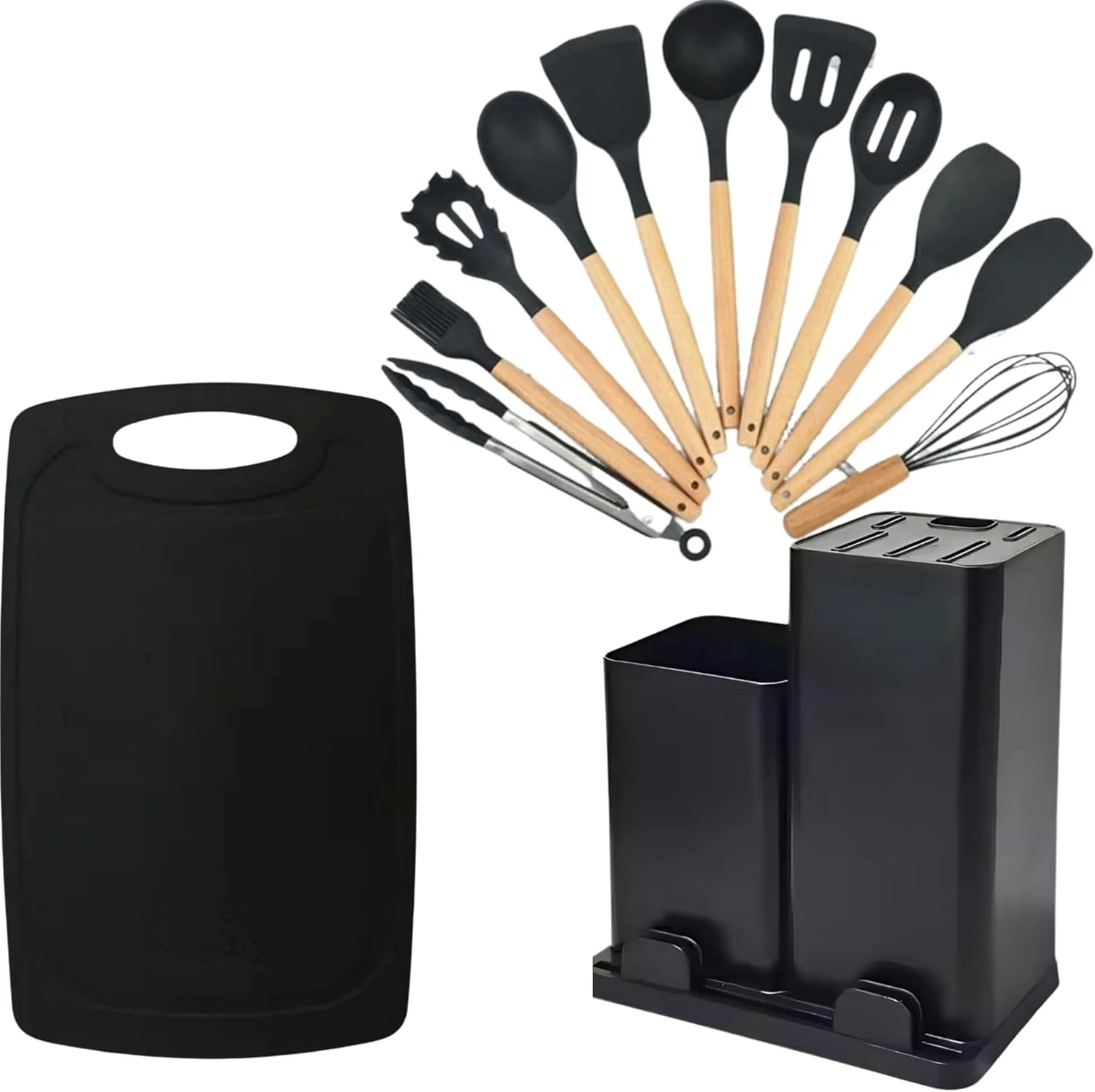 ست لوازم آشپزی سیلیکونی ۱۹ تکه TAZEET با دسته چوبی - ست لوازم آشپزی شامل چاقو، کفگیر، انبر، قیچی، همزن و تخته برش، ست ابزار آشپزخانه نچسب و مقاوم در برابر حرارت (مشکی)