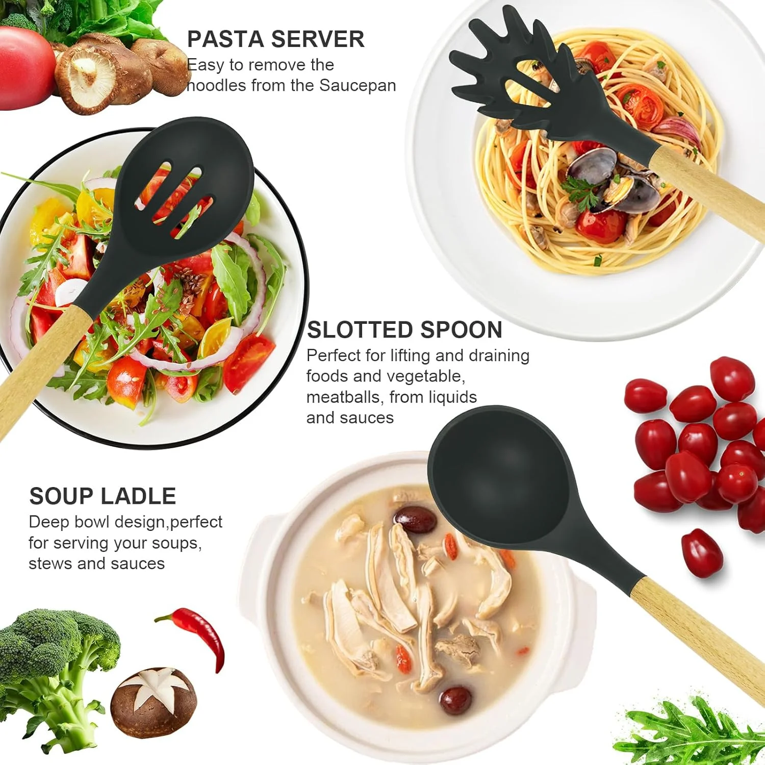 ست 12 تکه لوازم آشپزی سیلیکونی با پایه نگهدارنده، شامل کفگیر، قاشق و ابزار آشپزی مقاوم در برابر حرارت مناسب برای ظروف نچسب - رنگ های متنوع