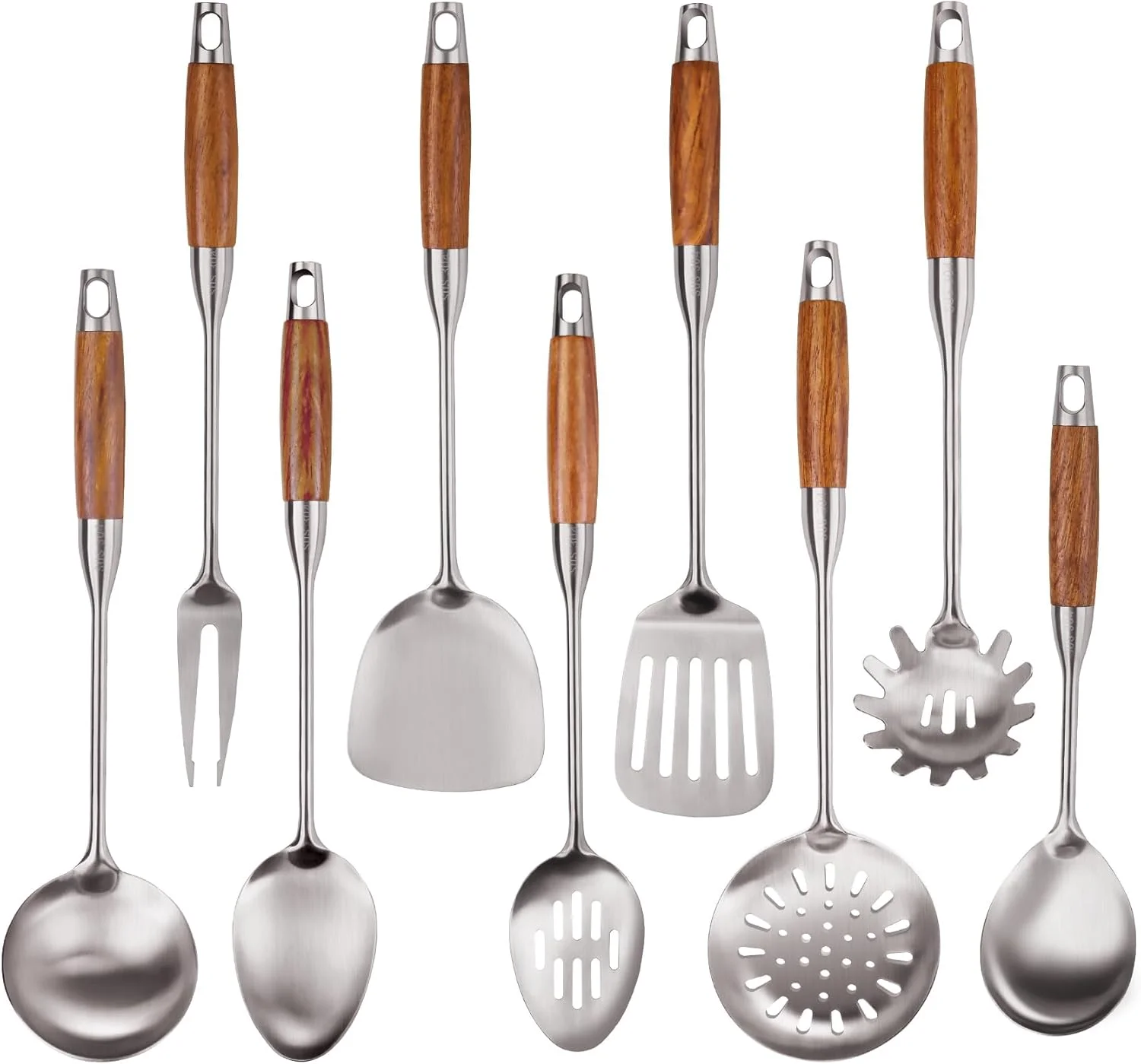 ست 9 تکه لوازم آشپزی استیل ضد زنگ 304 با دسته چوبی، ست لوازم آشپزخانه فلزی، ابزار آشپزخانه با دسته چوبی مقاوم در برابر حرارت، کفگیر استیل وک