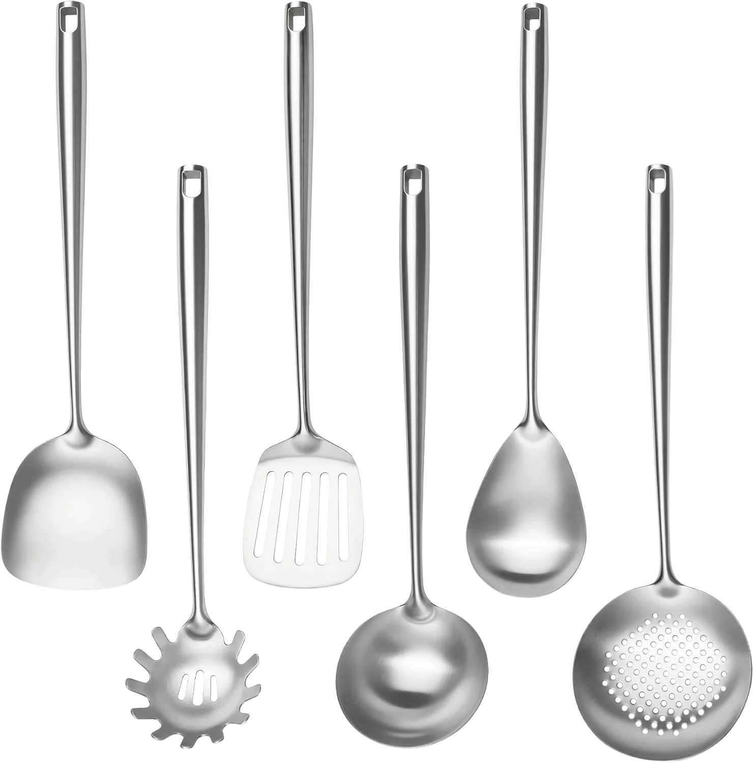 ست 6 تکه ظروف آشپزی استیل 18/10، شامل کفگیر و ملاقه استیل، قاشق اسپاگتی، قاشق بزرگ و غیره (قابل شستشو در ماشین ظرفشویی)