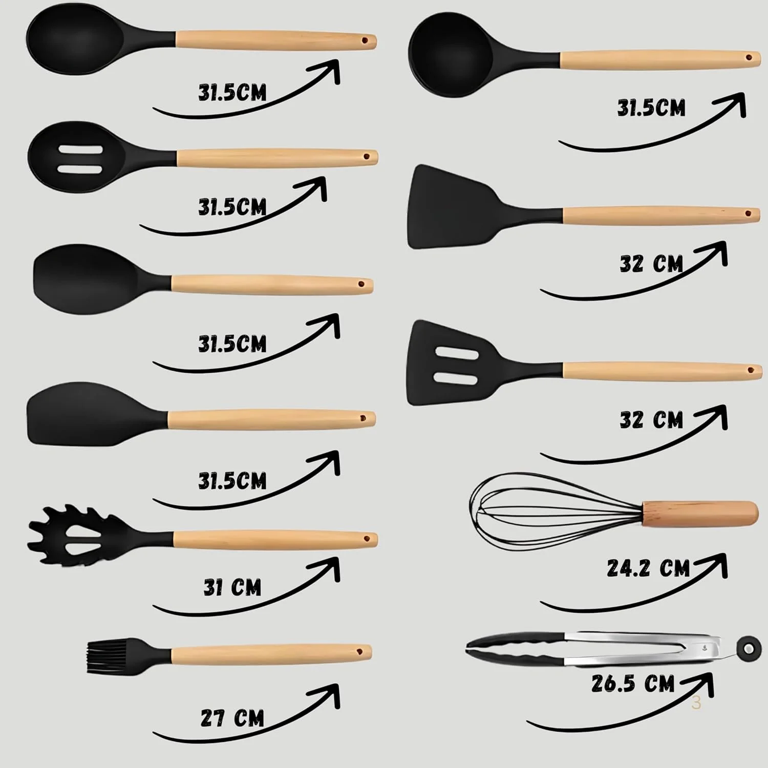 ست لوازم آشپزی سیلیکونی ۱۹ تکه TAZEET با دسته چوبی - ست لوازم آشپزی شامل چاقو، کفگیر، انبر، قیچی، همزن و تخته برش، ست ابزار آشپزخانه نچسب و مقاوم در برابر حرارت (مشکی)
