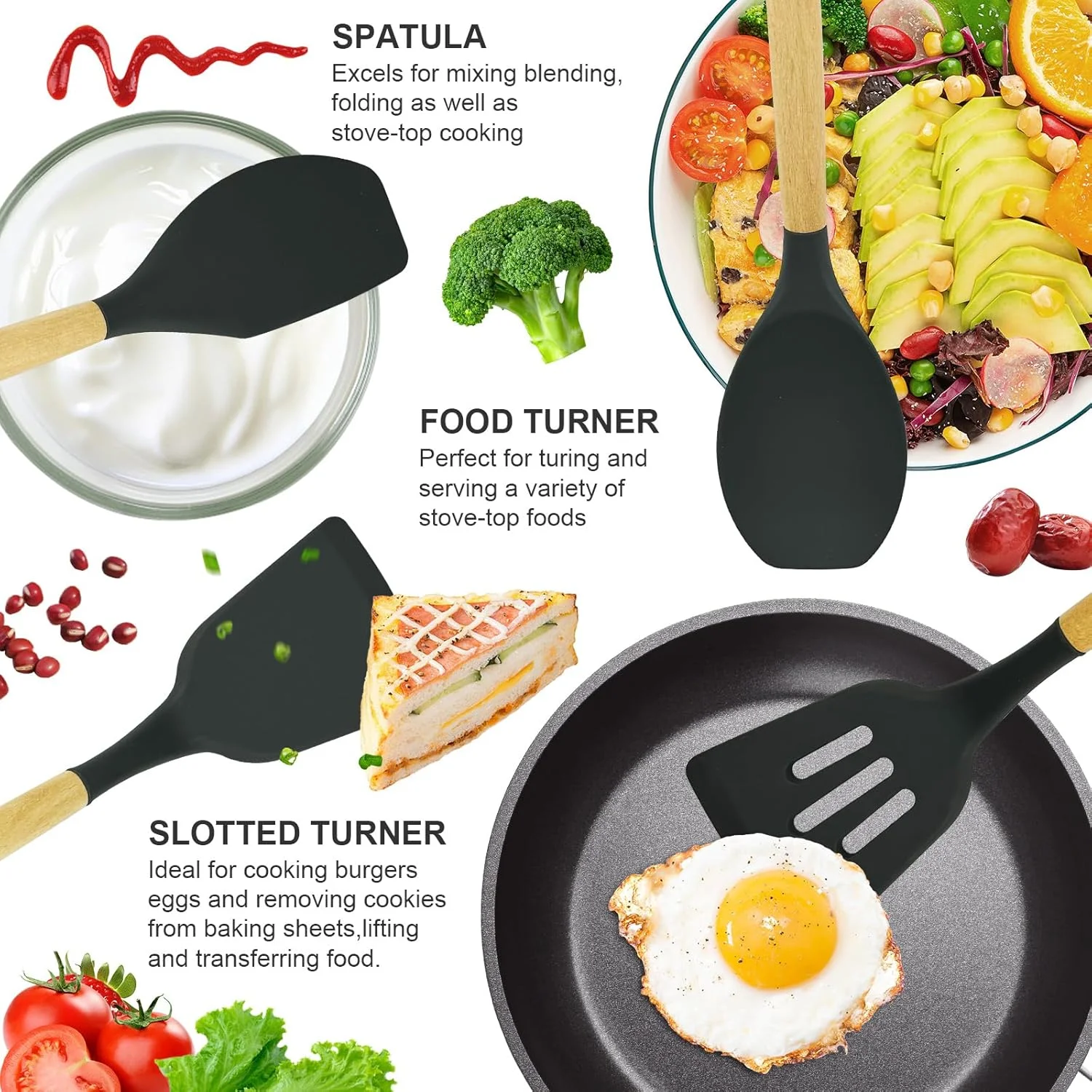 ست 12 تکه لوازم آشپزی سیلیکونی با پایه نگهدارنده، شامل کفگیر، قاشق و ابزار آشپزی مقاوم در برابر حرارت مناسب برای ظروف نچسب - رنگ های متنوع