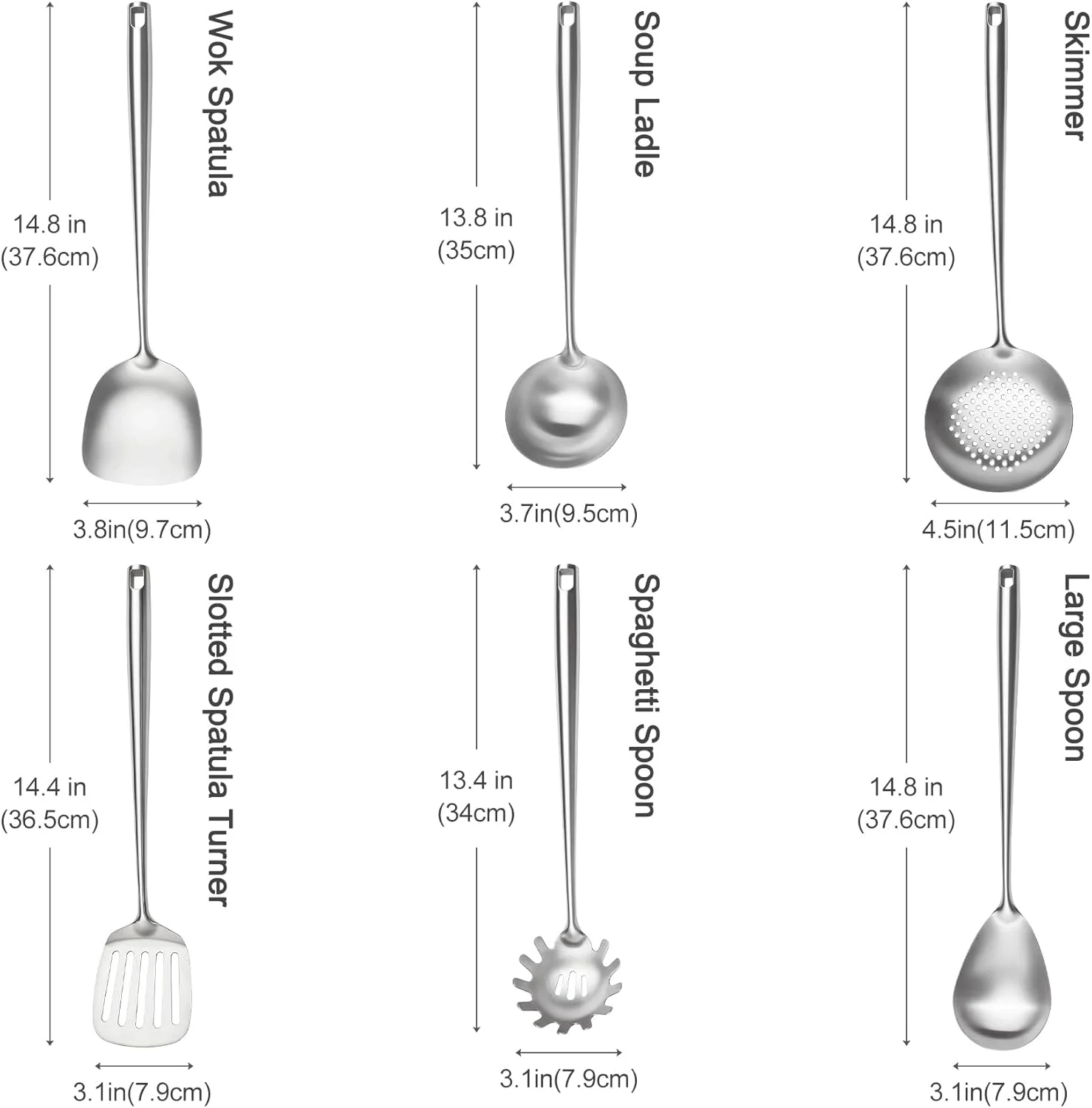 ست 6 تکه ظروف آشپزی استیل 18/10، شامل کفگیر و ملاقه استیل، قاشق اسپاگتی، قاشق بزرگ و غیره (قابل شستشو در ماشین ظرفشویی)