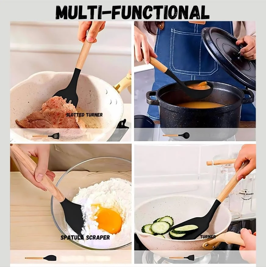 ست لوازم آشپزی سیلیکونی ۱۹ تکه TAZEET با دسته چوبی - ست لوازم آشپزی شامل چاقو، کفگیر، انبر، قیچی، همزن و تخته برش، ست ابزار آشپزخانه نچسب و مقاوم در برابر حرارت (مشکی)