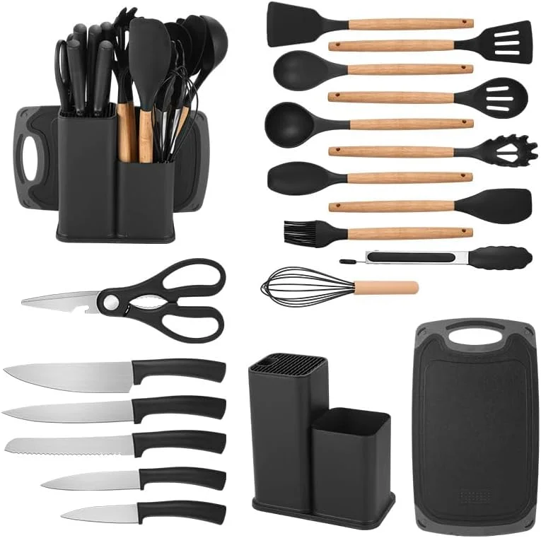 ست کفگیر سیلیکونی با جا ابزاری – ابزار آشپزی نچسب، ابزار پخت و پز با دسته بامبو