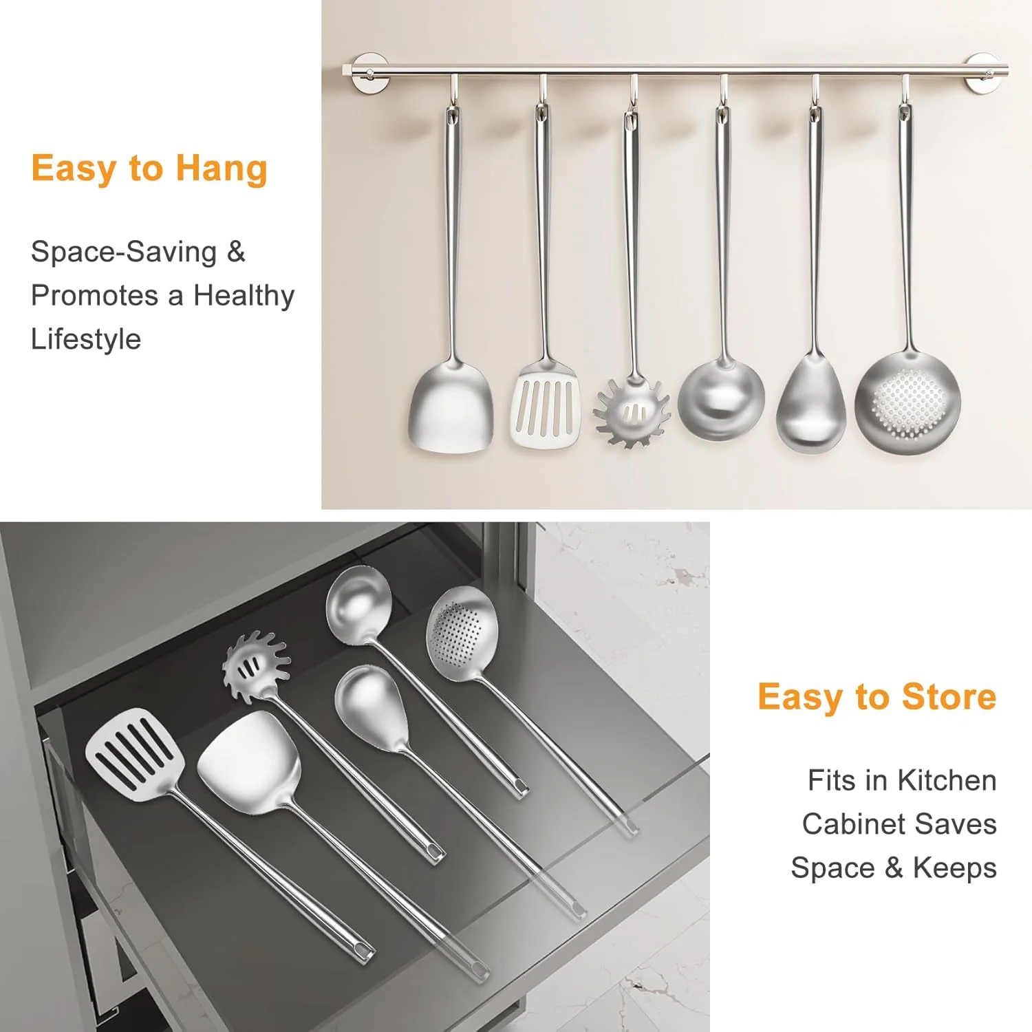 ست 6 تکه ظروف آشپزی استیل 18/10، شامل کفگیر و ملاقه استیل، قاشق اسپاگتی، قاشق بزرگ و غیره (قابل شستشو در ماشین ظرفشویی)