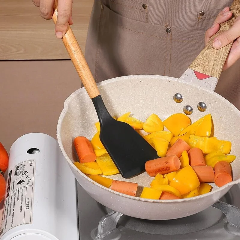 ست کفگیر سیلیکونی با جا ابزاری – ابزار آشپزی نچسب، ابزار پخت و پز با دسته بامبو