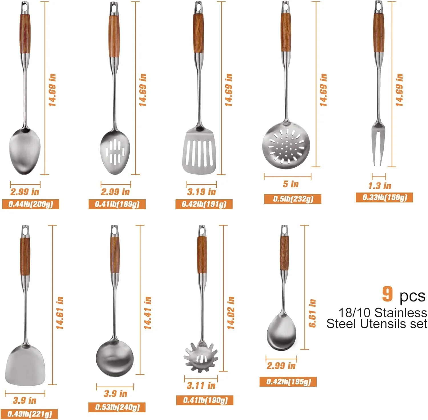 ست 9 تکه لوازم آشپزی استیل ضد زنگ 304 با دسته چوبی، ست لوازم آشپزخانه فلزی، ابزار آشپزخانه با دسته چوبی مقاوم در برابر حرارت، کفگیر استیل وک