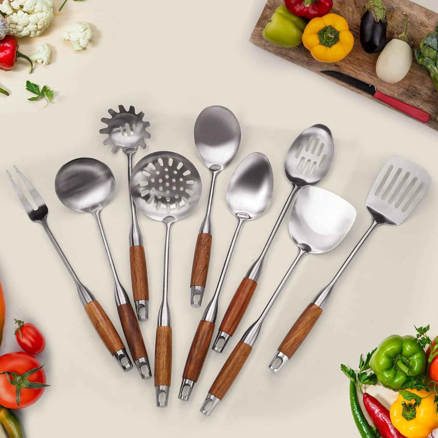 ست 9 تکه لوازم آشپزی استیل ضد زنگ 304 با دسته چوبی، ست لوازم آشپزخانه فلزی، ابزار آشپزخانه با دسته چوبی مقاوم در برابر حرارت، کفگیر استیل وک