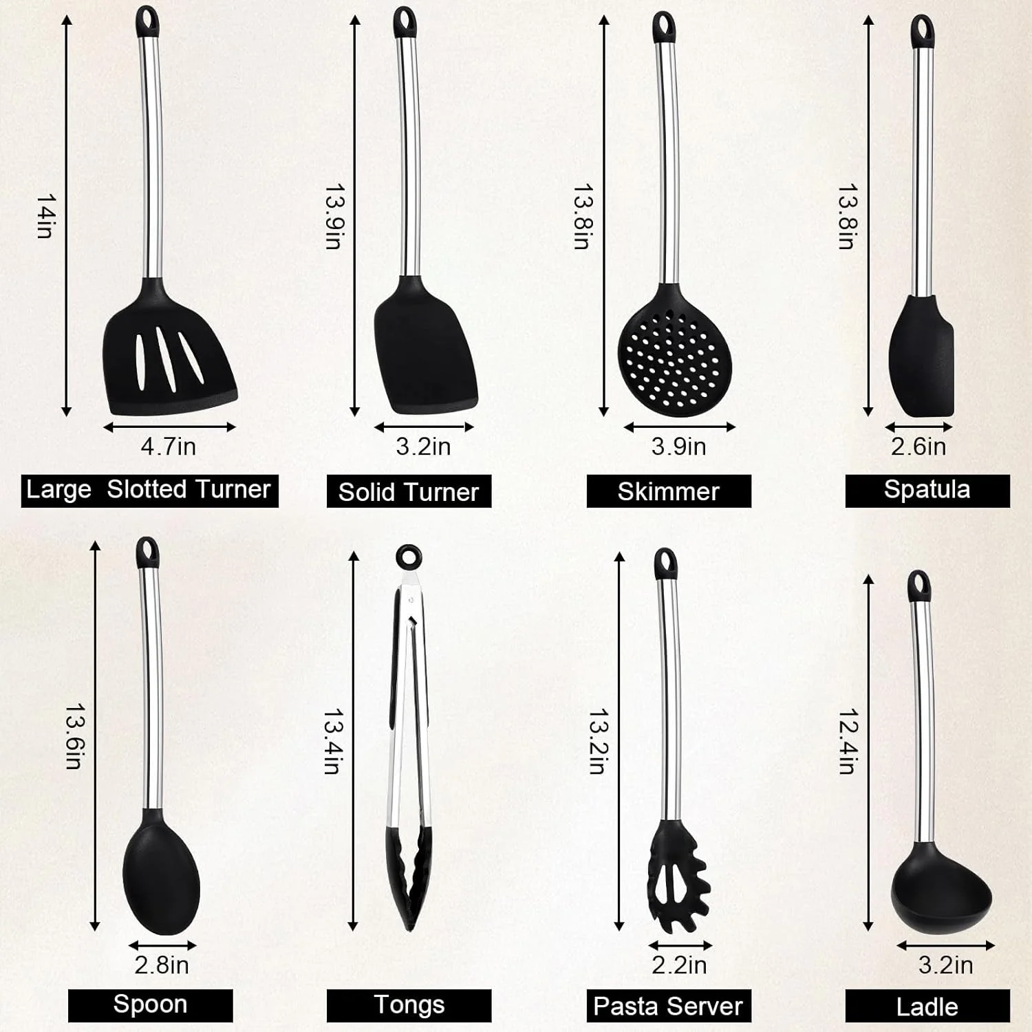ست ظروف آشپزی سیلیکونی، ست 8 تکه لوازم آشپزخانه Vayvnt با دسته استیل ضد زنگ، ابزار آشپزخانه مقاوم در برابر حرارت برای ظروف نچسب، کفگیر بزرگ، قاشق، برگردان، قابل شستشو در ماشین ظرفشویی، مشکی