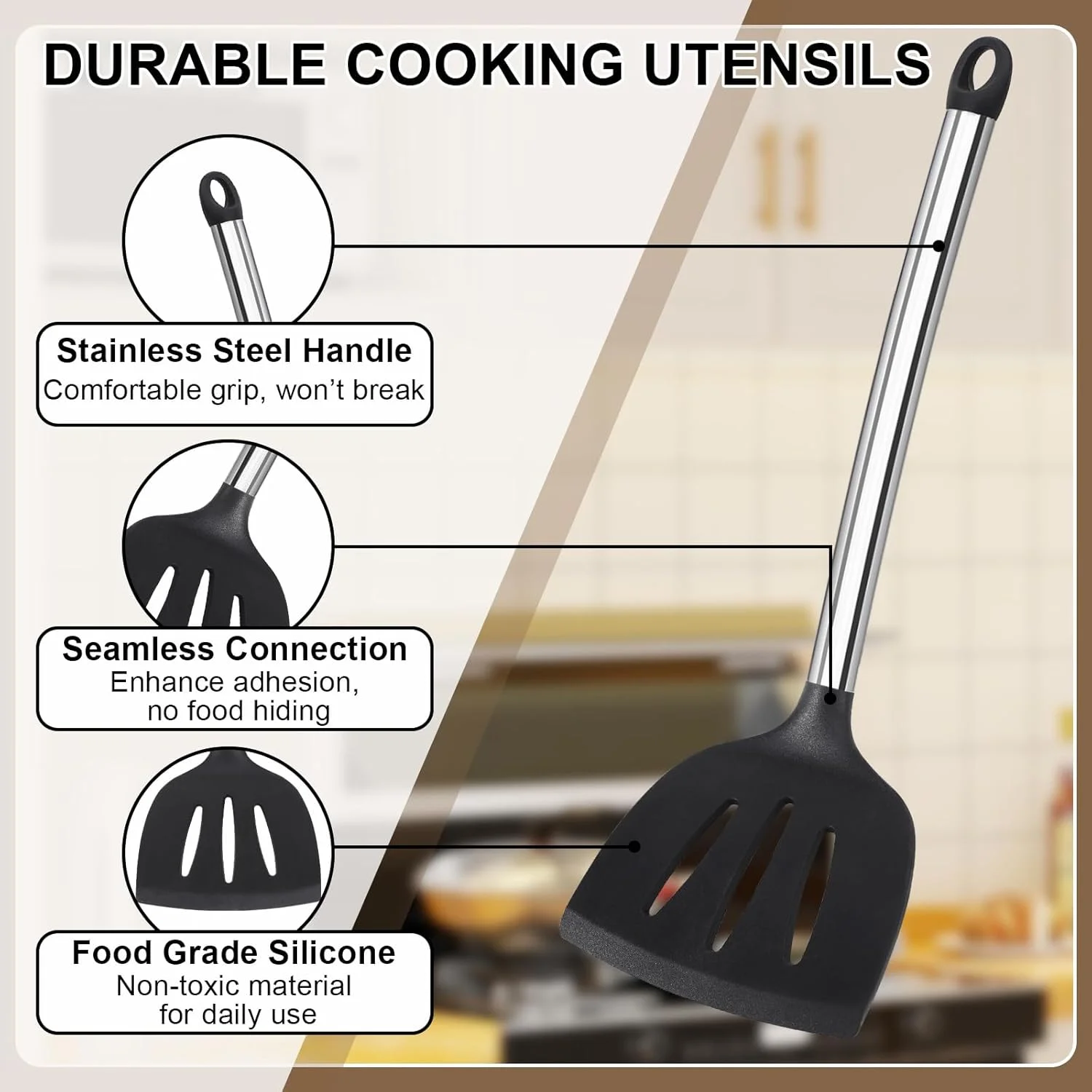 ست ظروف آشپزی سیلیکونی، ست 8 تکه لوازم آشپزخانه Vayvnt با دسته استیل ضد زنگ، ابزار آشپزخانه مقاوم در برابر حرارت برای ظروف نچسب، کفگیر بزرگ، قاشق، برگردان، قابل شستشو در ماشین ظرفشویی، مشکی