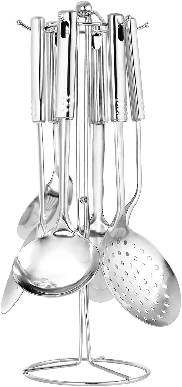 ست ۷ تکه ابزار آشپزخانه استیل Berger، نقره ای، لوازم آشپزخانه چند منظوره استیل با پایه نگهدارنده