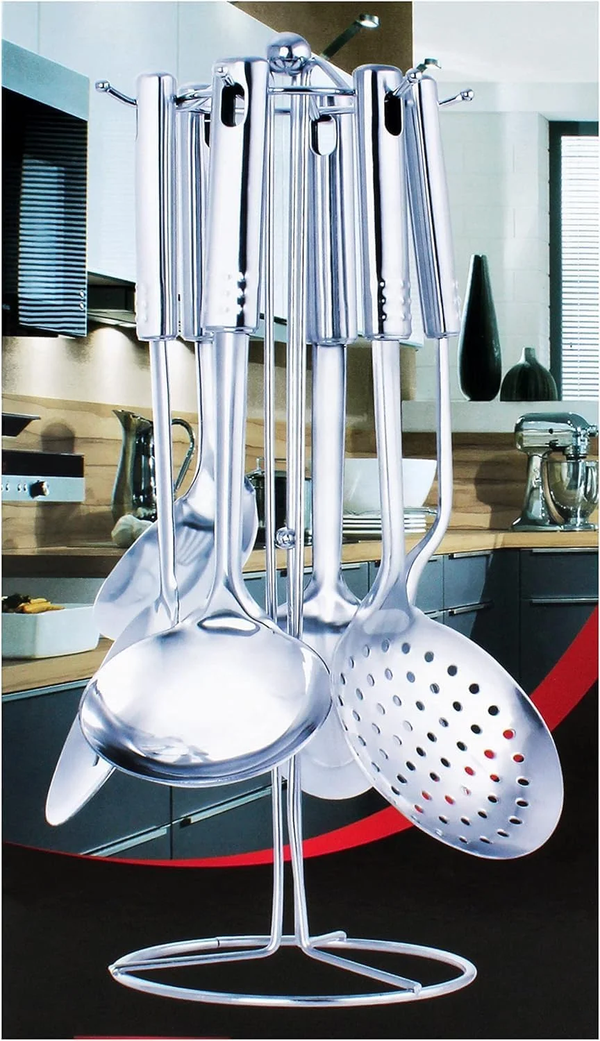 ست ۷ تکه ابزار آشپزخانه استیل Berger، نقره ای، لوازم آشپزخانه چند منظوره استیل با پایه نگهدارنده