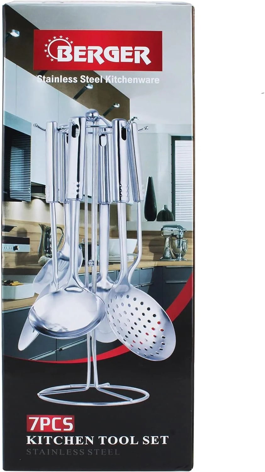 ست ۷ تکه ابزار آشپزخانه استیل Berger، نقره ای، لوازم آشپزخانه چند منظوره استیل با پایه نگهدارنده