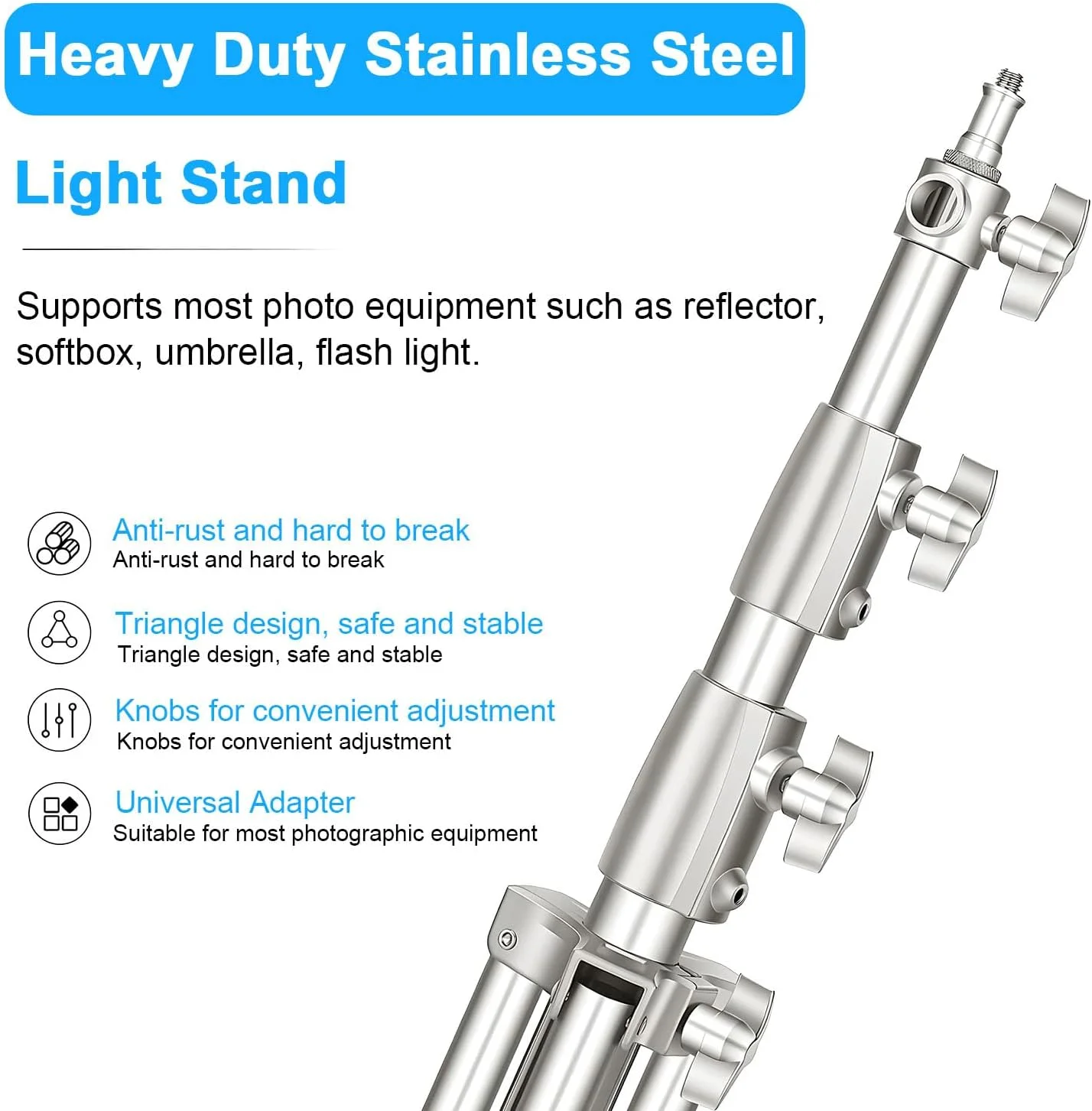 پایه نور استیل ضد زنگ Gluckluz، 280 سانتی متر، پایه نور استودیویی سنگین، سه پایه نورپردازی با قابلیت تنظیم ارتفاع با آداپتور جهانی 1/4 اینچ به 3/8 اینچ برای استودیو عکاسی خانگی سافت باکس (نقره ای)